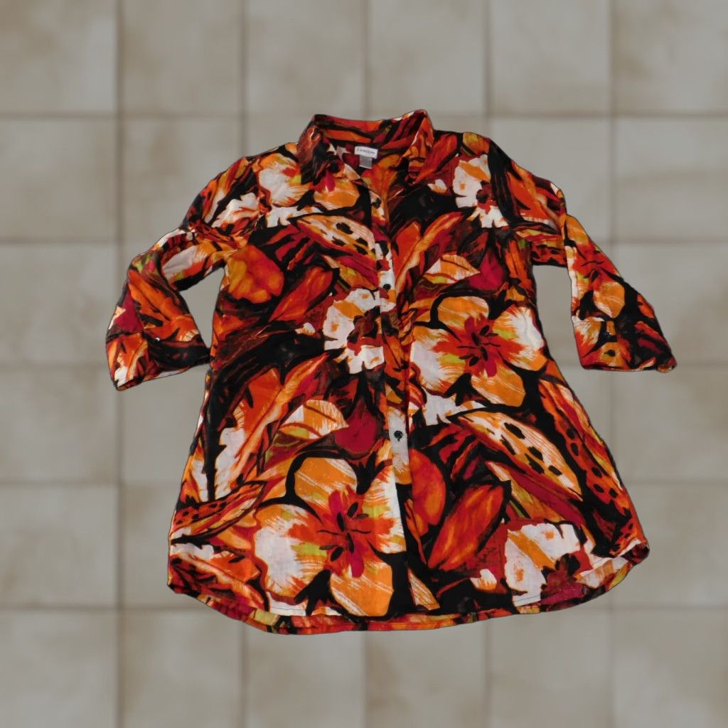 Vintage Chicos Blouse Shirt Womens 2 Orange Red Floral Linen Button Up Tunic Top Blouse Womens Regular 2 Orange Red Floral Linen Button Up Tunic Top Size XS / US 0-2 / IT 36-38 - 1 Thumbnail