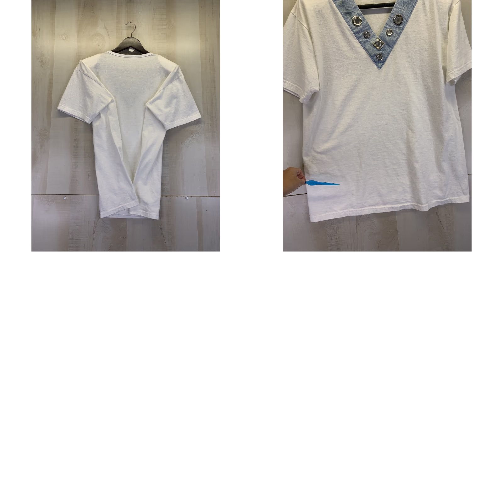 Denime VINTAGE 1990s Made in USA Faux Denim Jewled Collar Womens Shirt L White/Blue 1990s Womens Shirt Size L / US 10 / IT 46 - 8 Thumbnail