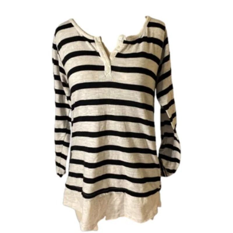 Other Poof Striped Henley Top Black White Long Sleeve Cotton L Size L / US 10 / IT 46 - 2 Thumbnail