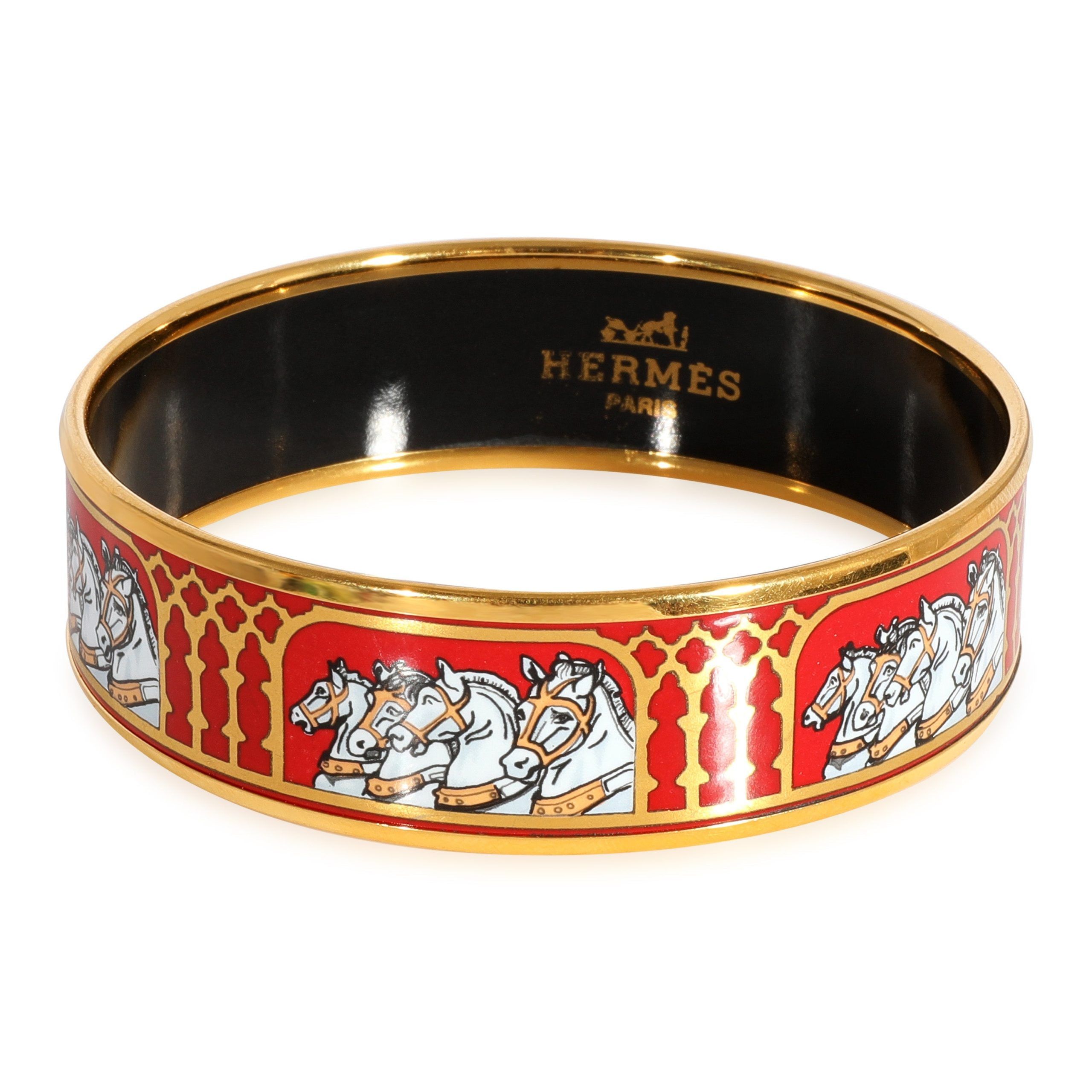 Image of Hermes Wide Red & Gold Bracelet With Four Horses In Profile, Women's