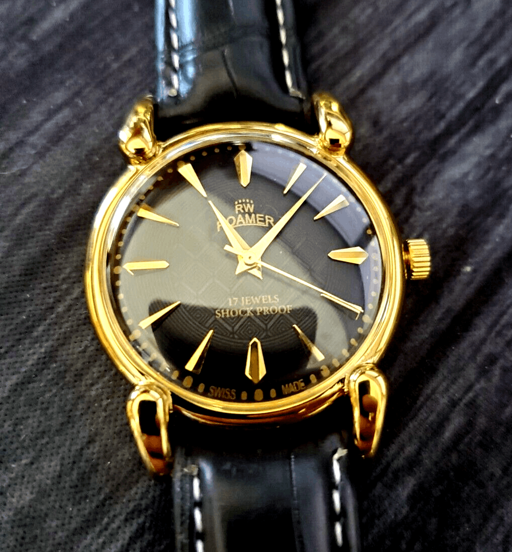 image of Roamers Roamer Brevete Mechanical Swiss Watch Gld-Blk-Blk in Black Leather, Men's