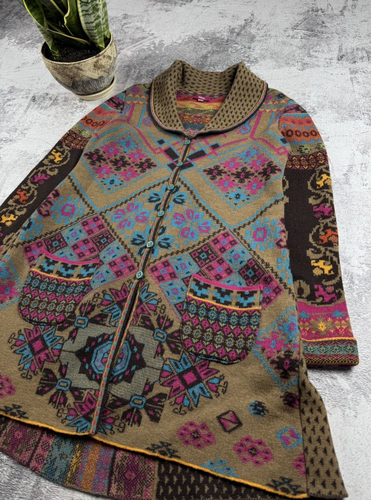 Designer × Vintage IVKO Lambs Wool 38 Knit Floral Long Cardigan Sweater Dress Size M / US 6-8 / IT 42-44 - 7 Thumbnail