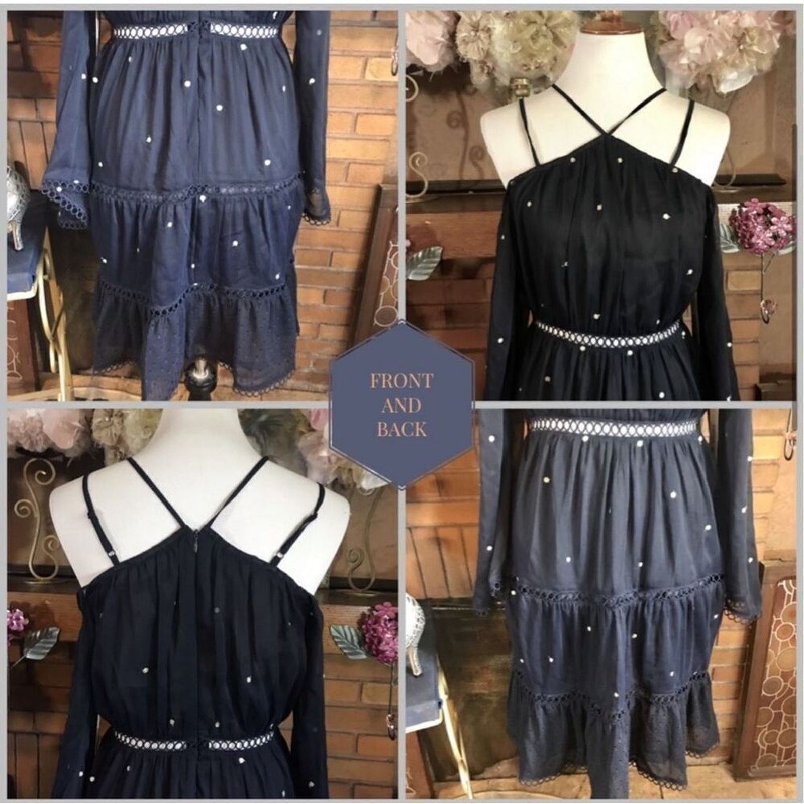 Other Aqua Navy Blue Embroidered Cold Shoulder Mini Dress | Sz S Size S / US 4 / IT 40 - 12 Thumbnail