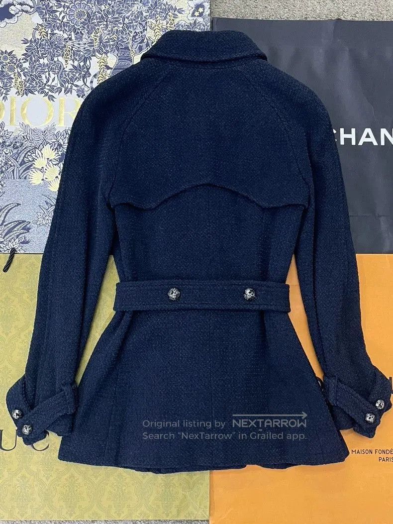 Chanel Chanel Navy Tweed Belted Coat. Size US M / EU 48-50 / 2 - 3 Thumbnail