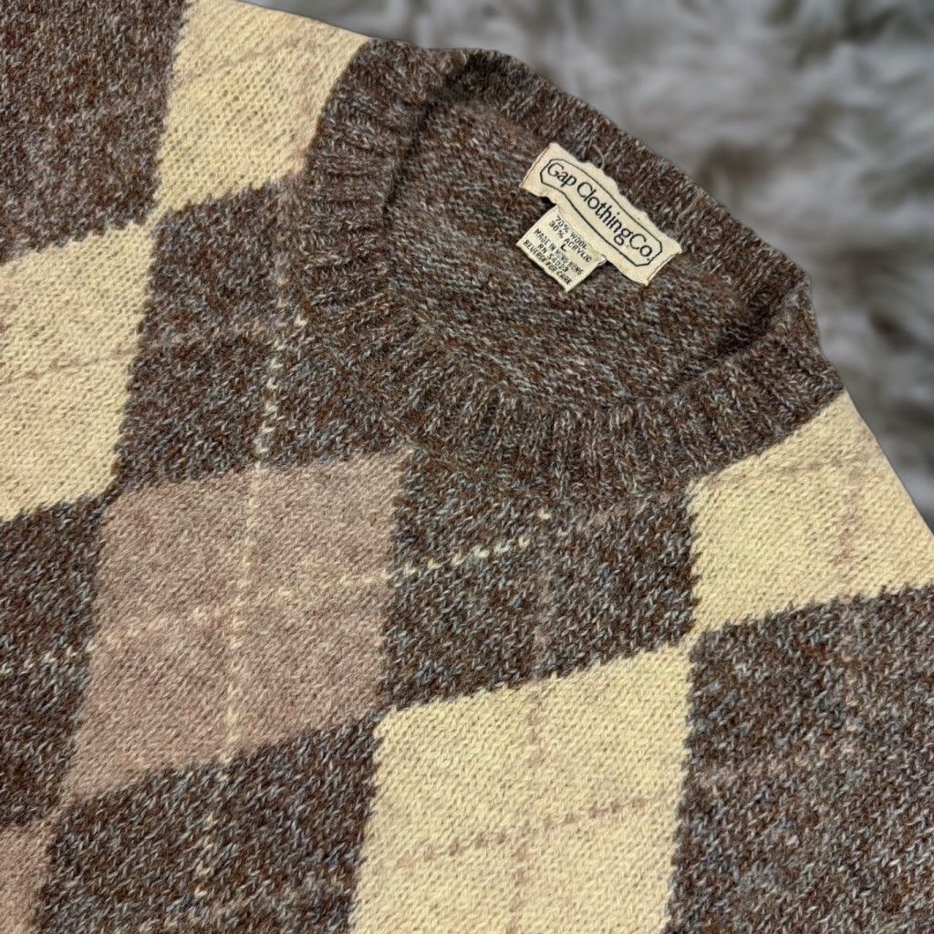 VINTAGE Gap Men's Wool Blend Argyle V-Neck Sweater Brown/Beige