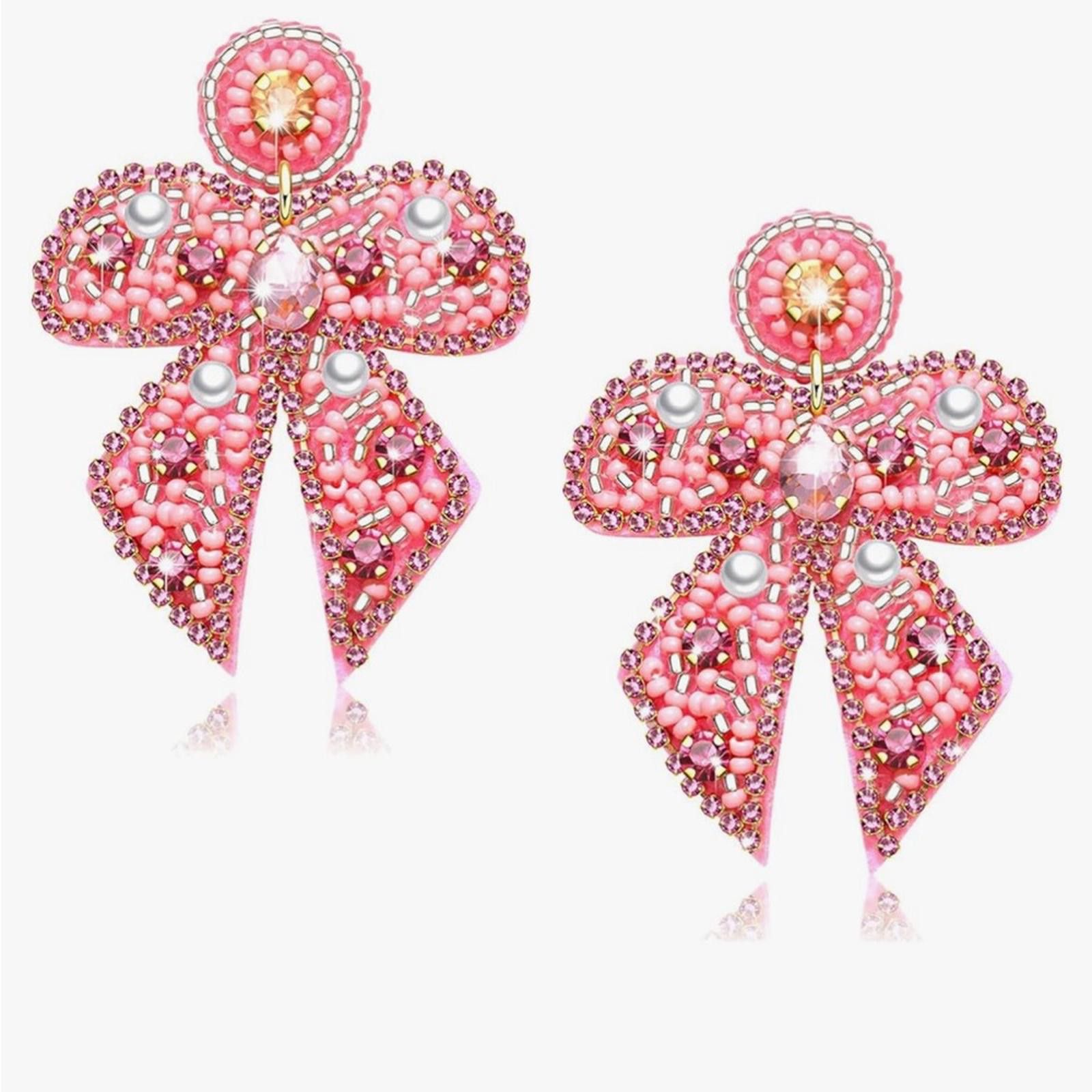 Designer Elegant Pink Beaded Bow Earrings Size ONE SIZE - 1 Thumbnail