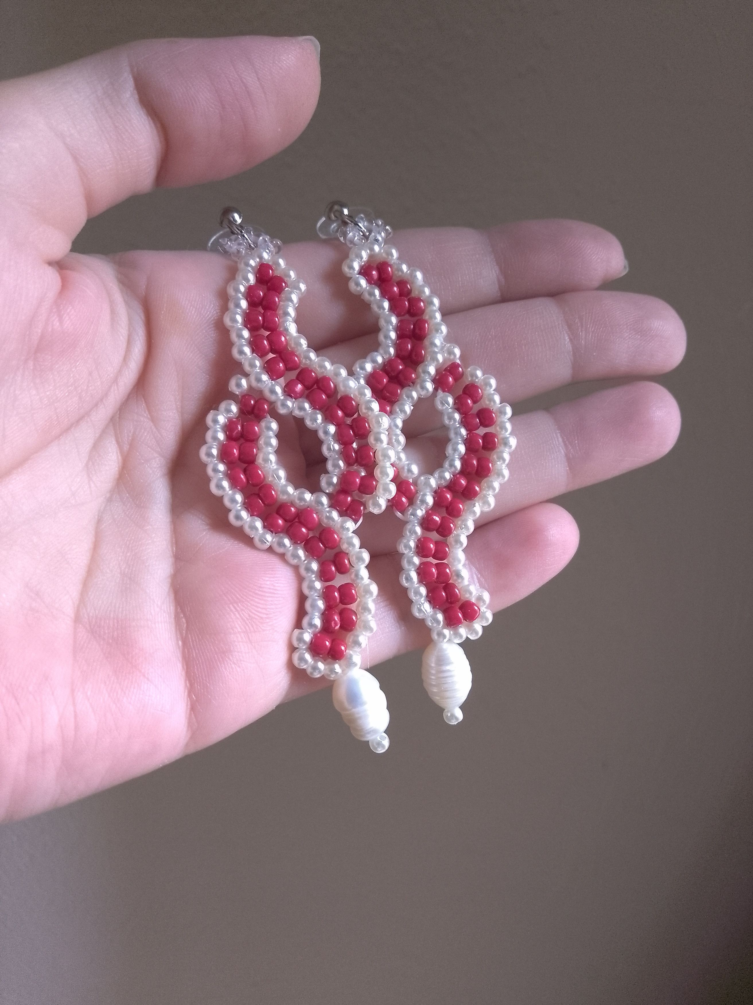 Handmade Long earrings red beaded with Freshwater pearls dangling Size ONE SIZE - 8 Thumbnail