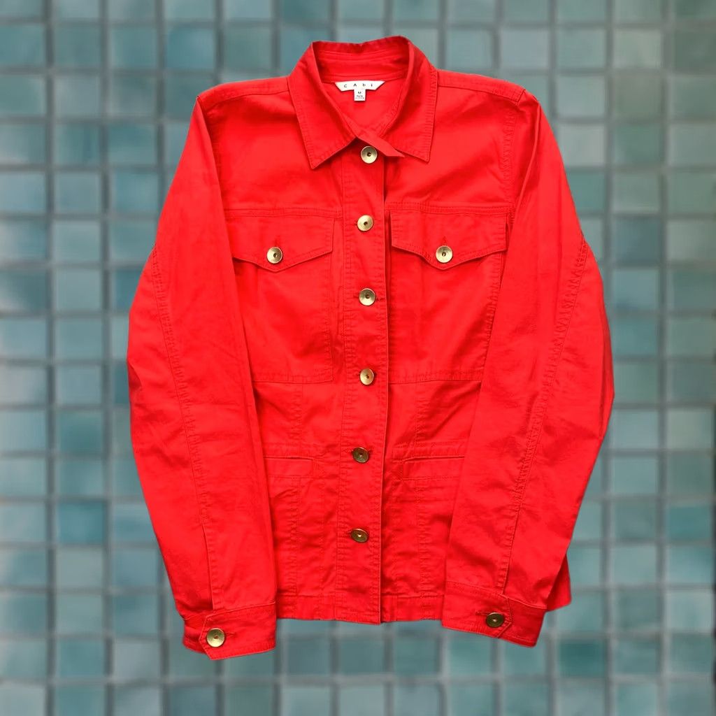 Vintage Cabi Jacket Womens M Red Military Coat Button Back Ruffle Short Sleeve Pocket Breathable Collared Pockets Dressy Casual Workwear CD 727? Size M / US 6-8 / IT 42-44 - 1 Thumbnail