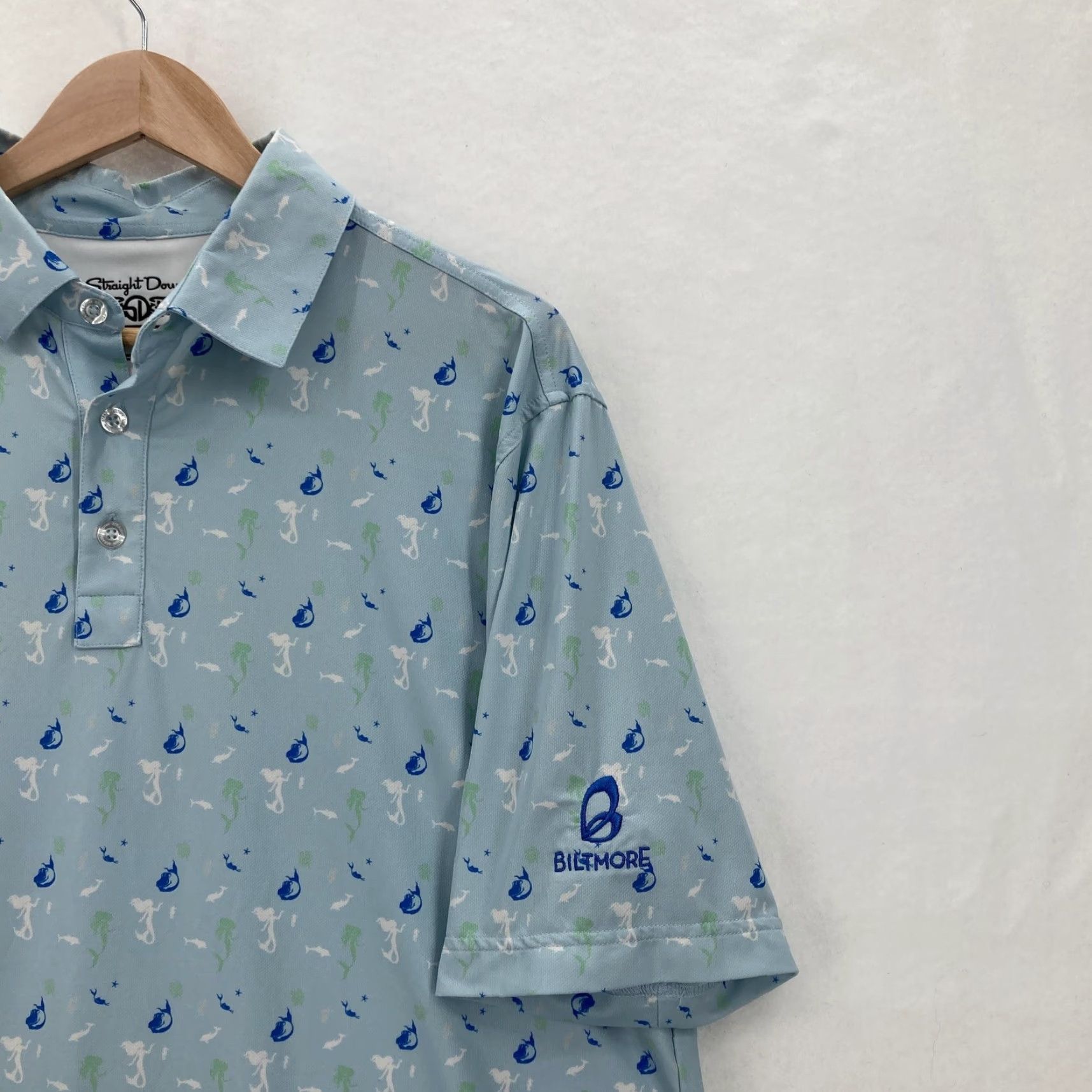 Vintage Straight Down Polo Shirt Mens L Blue Mermaid Print Golf Stretch Size US L / EU 52-54 / 3 - 2 Thumbnail