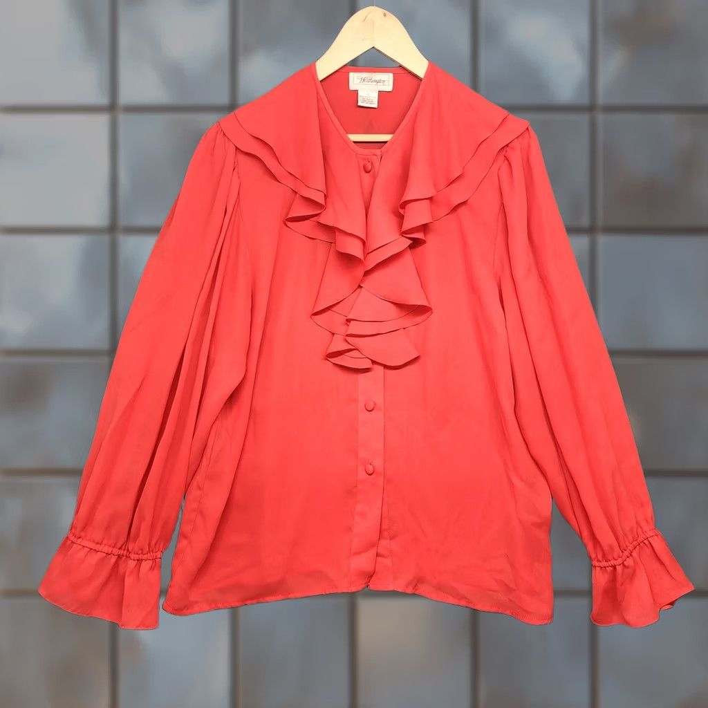 Worthington VINTAGE Worthington Blouse Womens L Red Long Sleeve Button Up Collar - Polyester, Solid, Ruffle, 12, Hong Kong, Regular, Womens Size L / US 10 / IT 46 - 1 Thumbnail