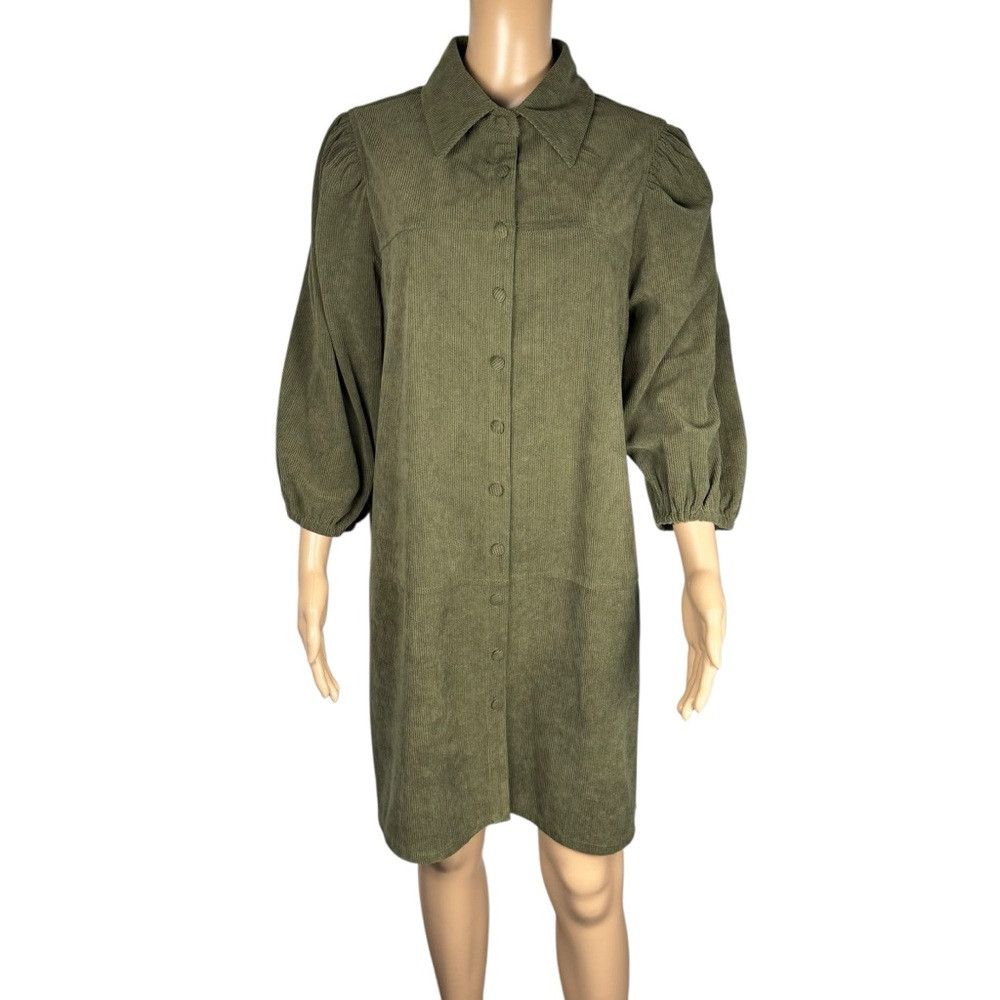 7 For All Mankind 7 For All Mankind Olive Corduroy Puff Sleeve Button Down Sh Size L / US 10 / IT 46 - 1 Thumbnail