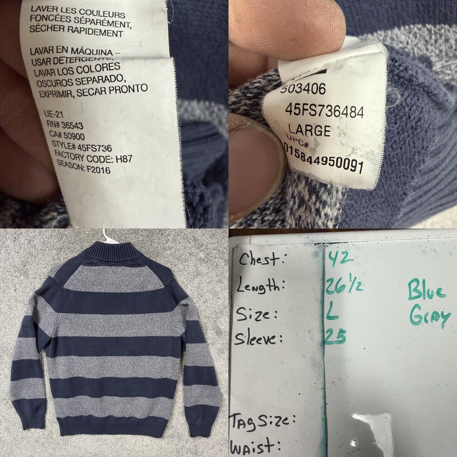 Izod Izod Mens L Blue Gray Stripe Mock Neck Henley Sweater Size US L / EU 52-54 / 3 - 8 Thumbnail