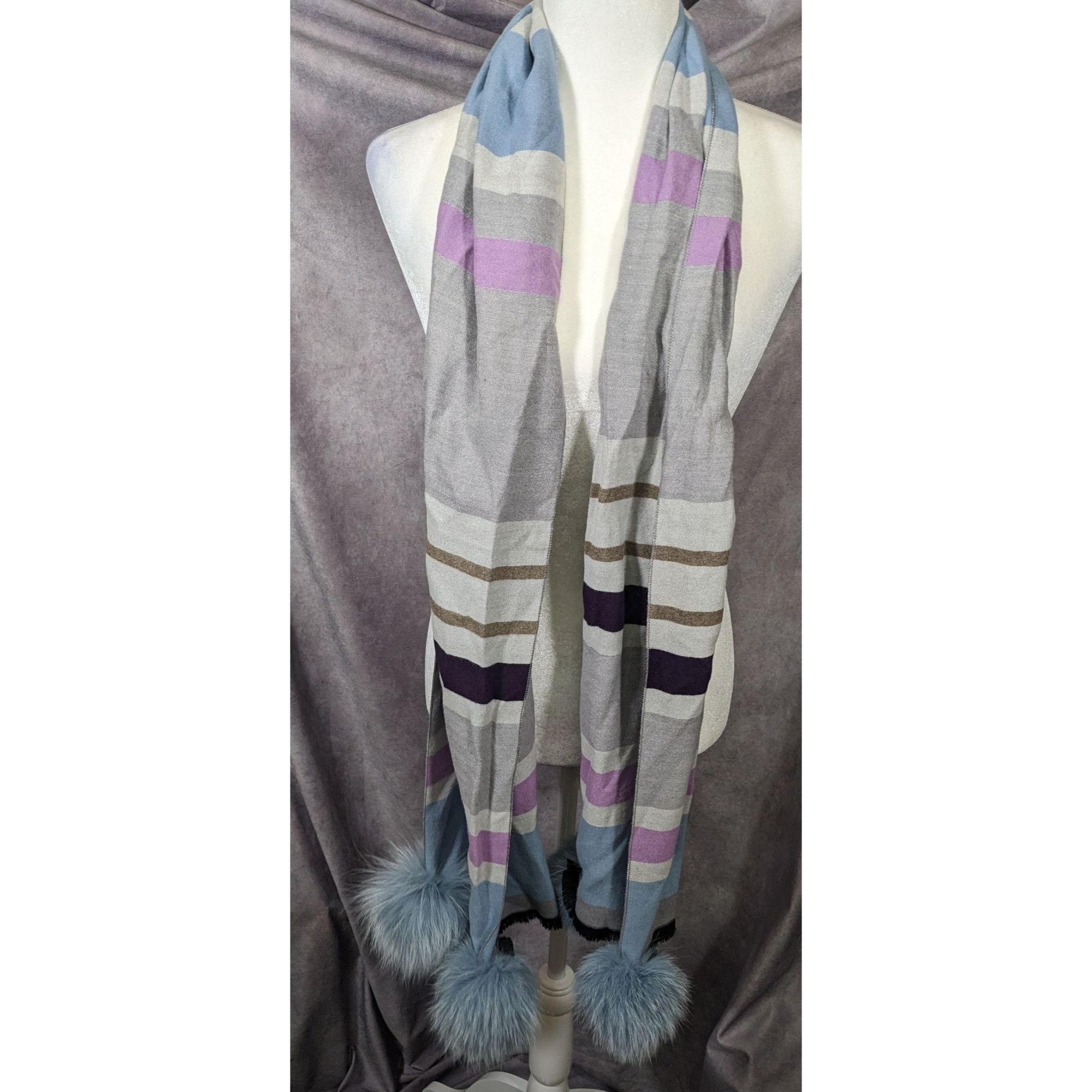 Other Casual Grey Purple And Blue Striped Pompom Scarf Size ONE SIZE - 5 Thumbnail