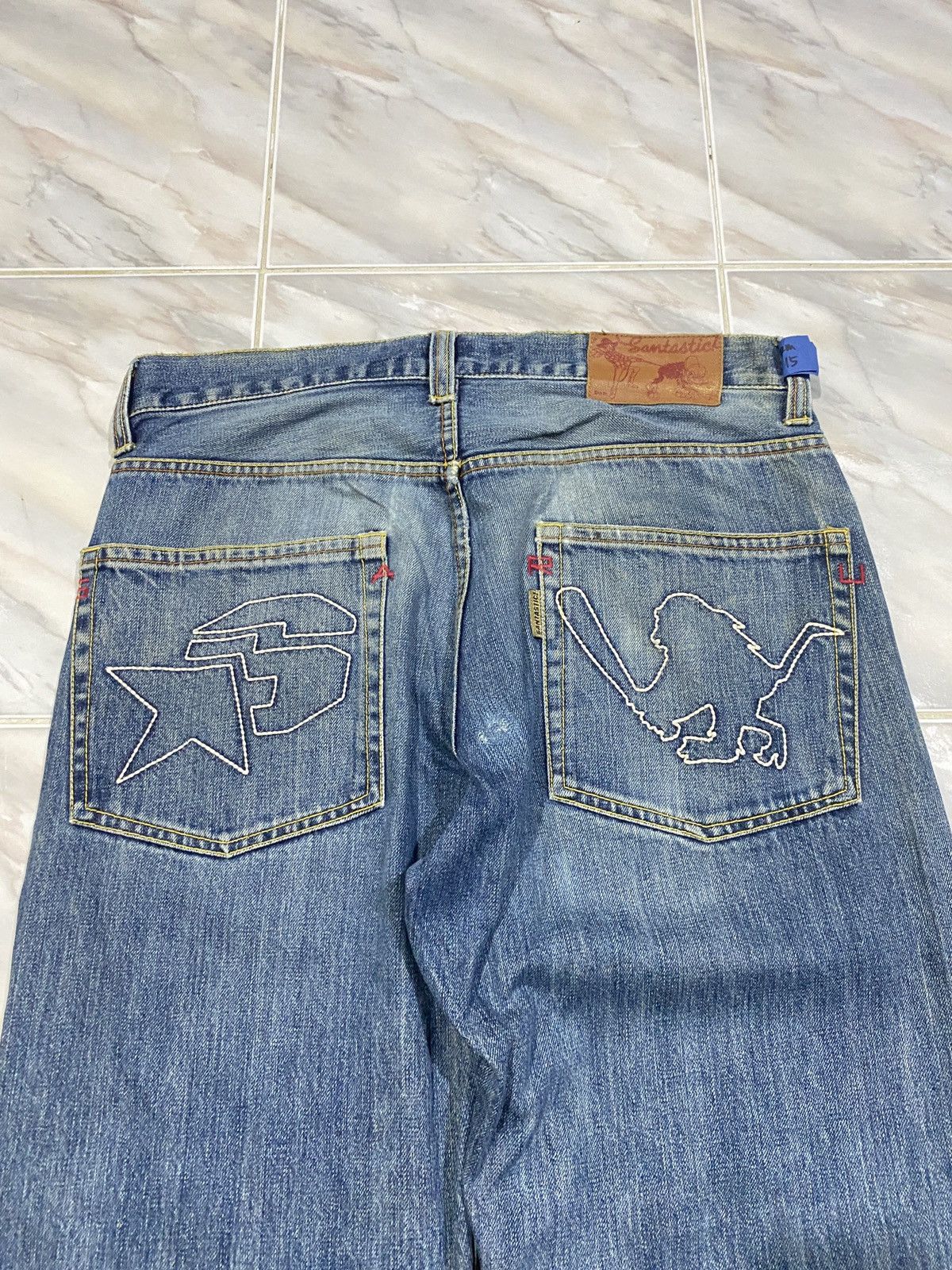 image of Distressed Denim x Vintage Santastic Embroidery Back Pocket in Blue, Men's (Size 34)