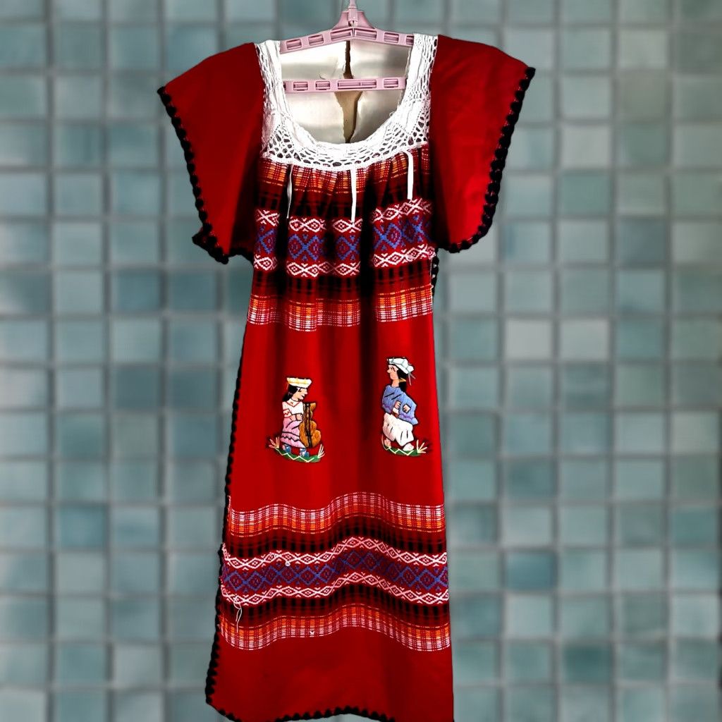 Vintage VINTAGE Geometric Embroidered Kaftan Dress, Wool, Large, Red, 80s, Womens Size L / US 10 / IT 46 - 1 Thumbnail