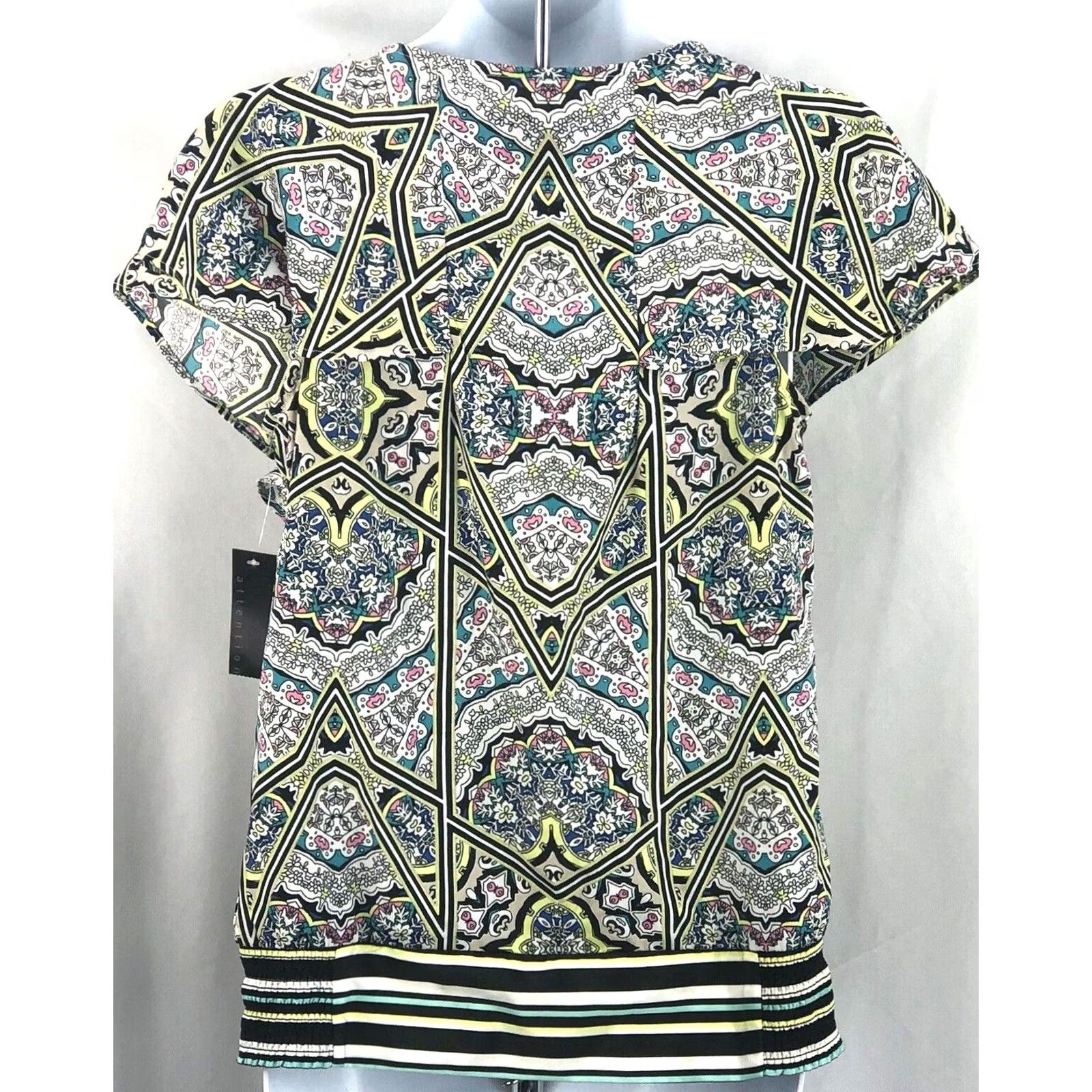Vintage NWT Attention Silky Top XS Multi Geo Flutter Sleeve Smocked 2000s Y2K Size XS / US 0-2 / IT 36-38 - 3 Thumbnail