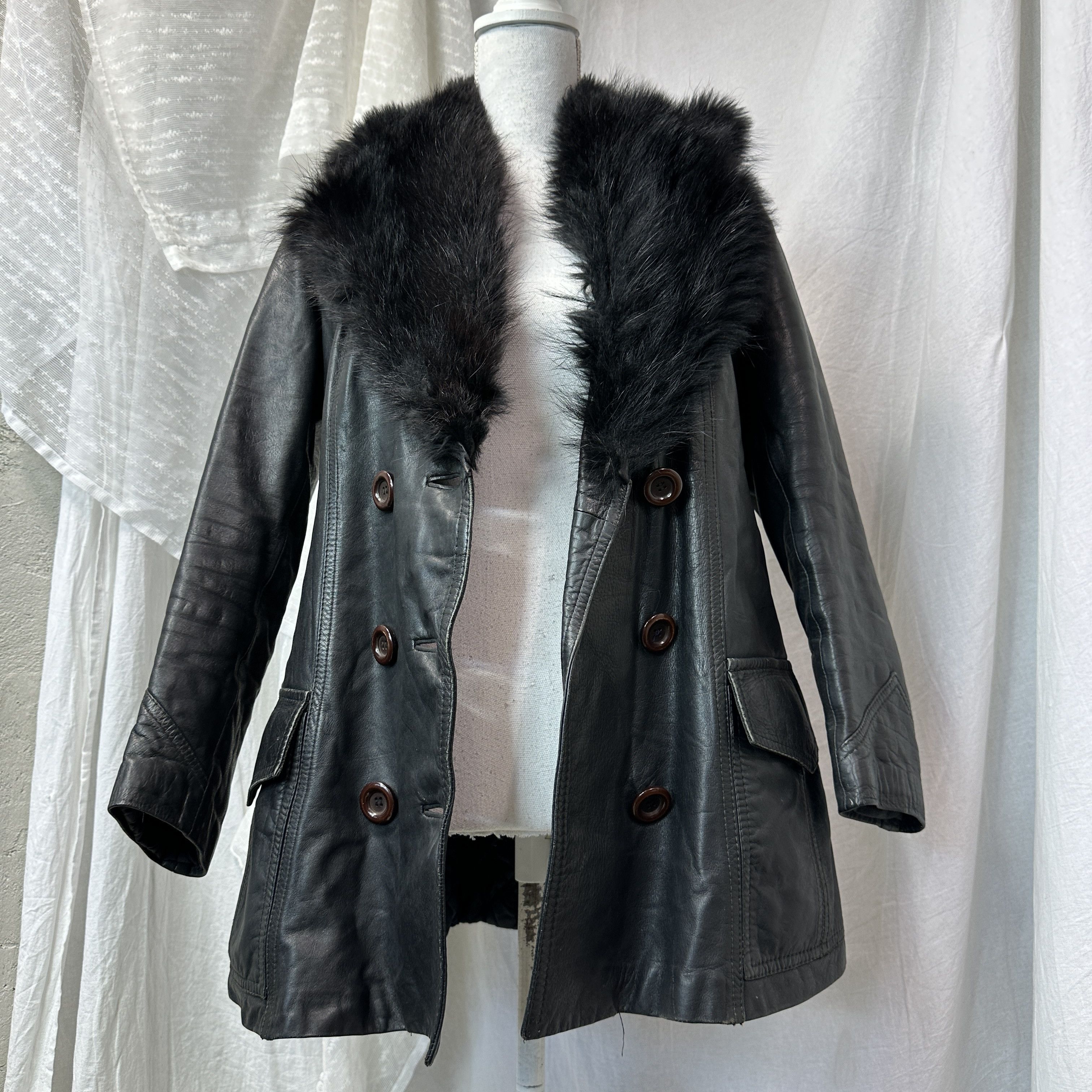 Vintage Vintage Biker Double-Breasted Real Fur Leather Coat 00s Size M / US 6-8 / IT 42-44 - 8 Thumbnail