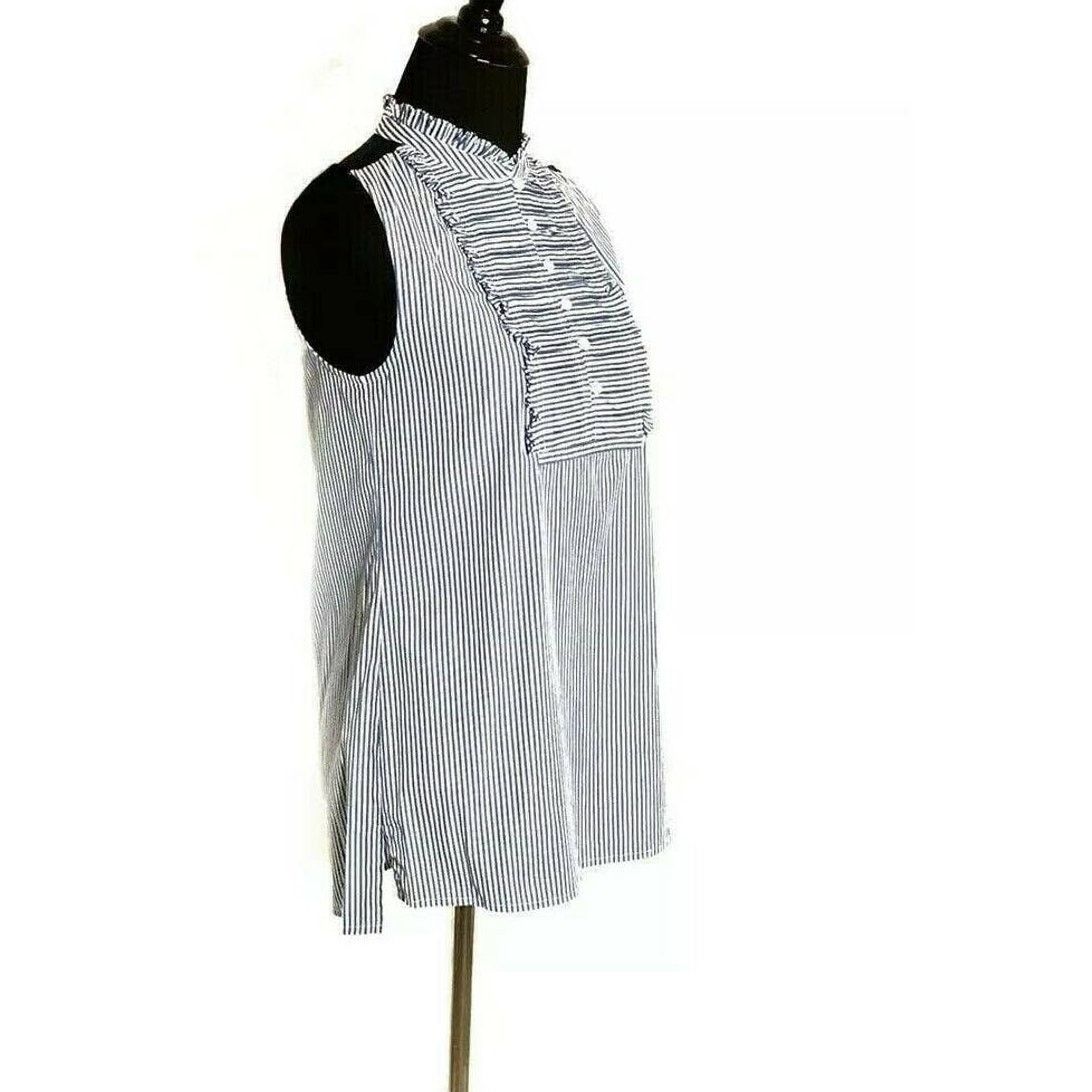 J.Crew J. Crew Blue White Pinstripe Ruffle Sleeveless Top Size 0 Size XS / US 0-2 / IT 36-38 - 2 Thumbnail