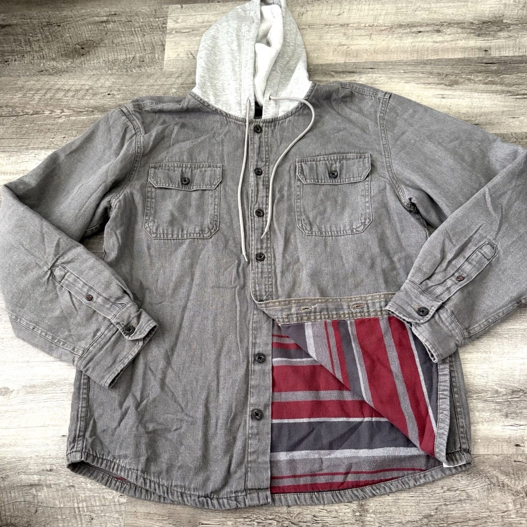 Wrangler Wrangler Hooded Denim Shirt Jacket Mens Large Gray Flannel Lined Button Up Size US L / EU 52-54 / 3 - 7 Thumbnail