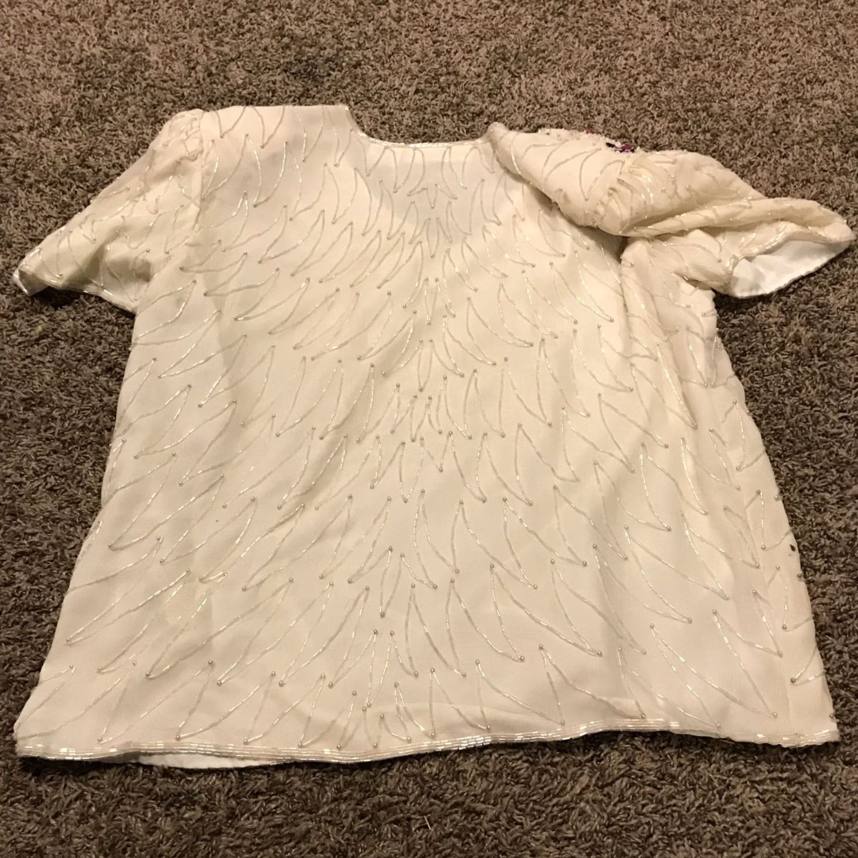Vogue VINTAGE Night Vogue Silk Shirt Womens XL Ivory 1990s Art Deco Beaded Shoulder Pad Blouse Size XL / US 12-14 / IT 48-50 - 4 Thumbnail