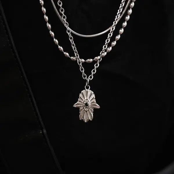Jewelry Fatima Hand Necklace – Layered Silver Chain, Unisex Size ONE SIZE - 2 Thumbnail