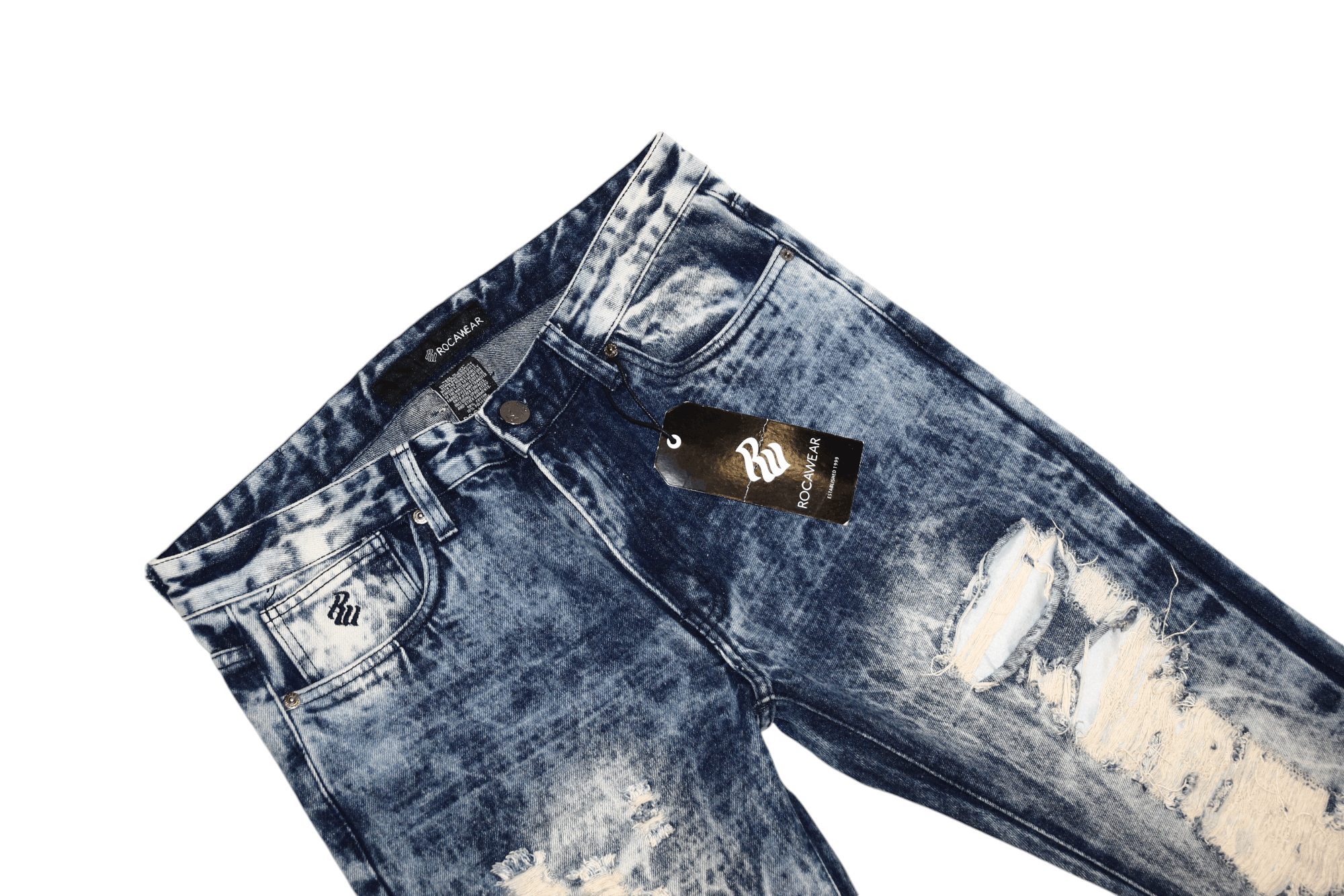 Rocawear 🔥Rockawear Dark Acid Wash Distressed Jeans Rhinestones Trim Size US 34 / EU 50 - 4 Thumbnail