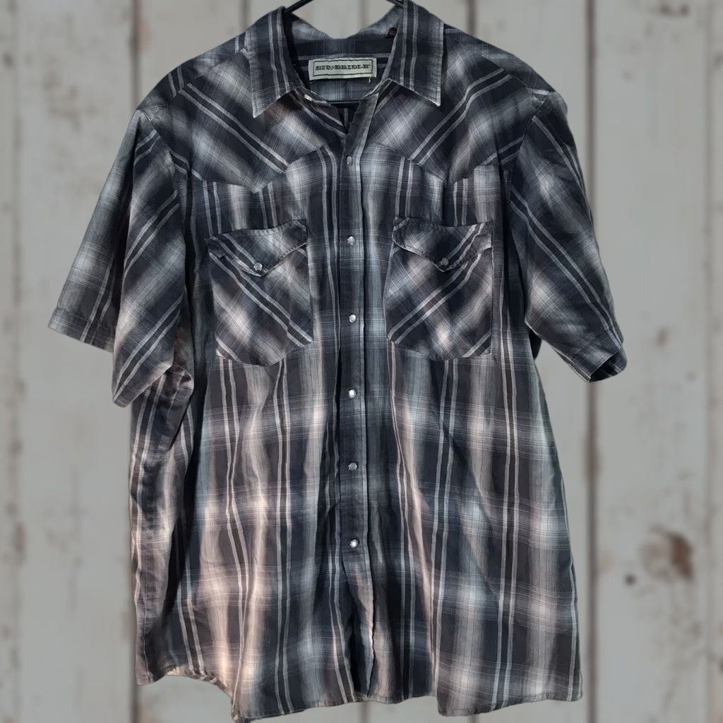 Vintage Bit & Bridle Western Shirt Mens 2X Short Sleeve Button-Up Striped Blue/Grey/White Cotton Polyester Snap Pearl Snap Western Shirt Mens Size US XXL / EU 58 / 5 - 1 Thumbnail