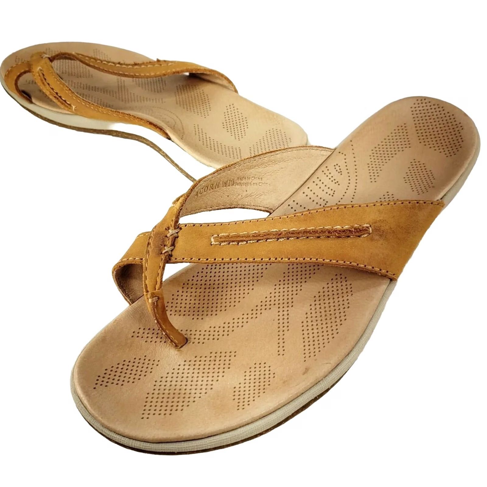 Vintage Acorn Thong Sandals Women's 10 Tan Leather Slip On Flat Heel Leather Footbed Great Support Size US 10 / IT 40 - 2 Thumbnail