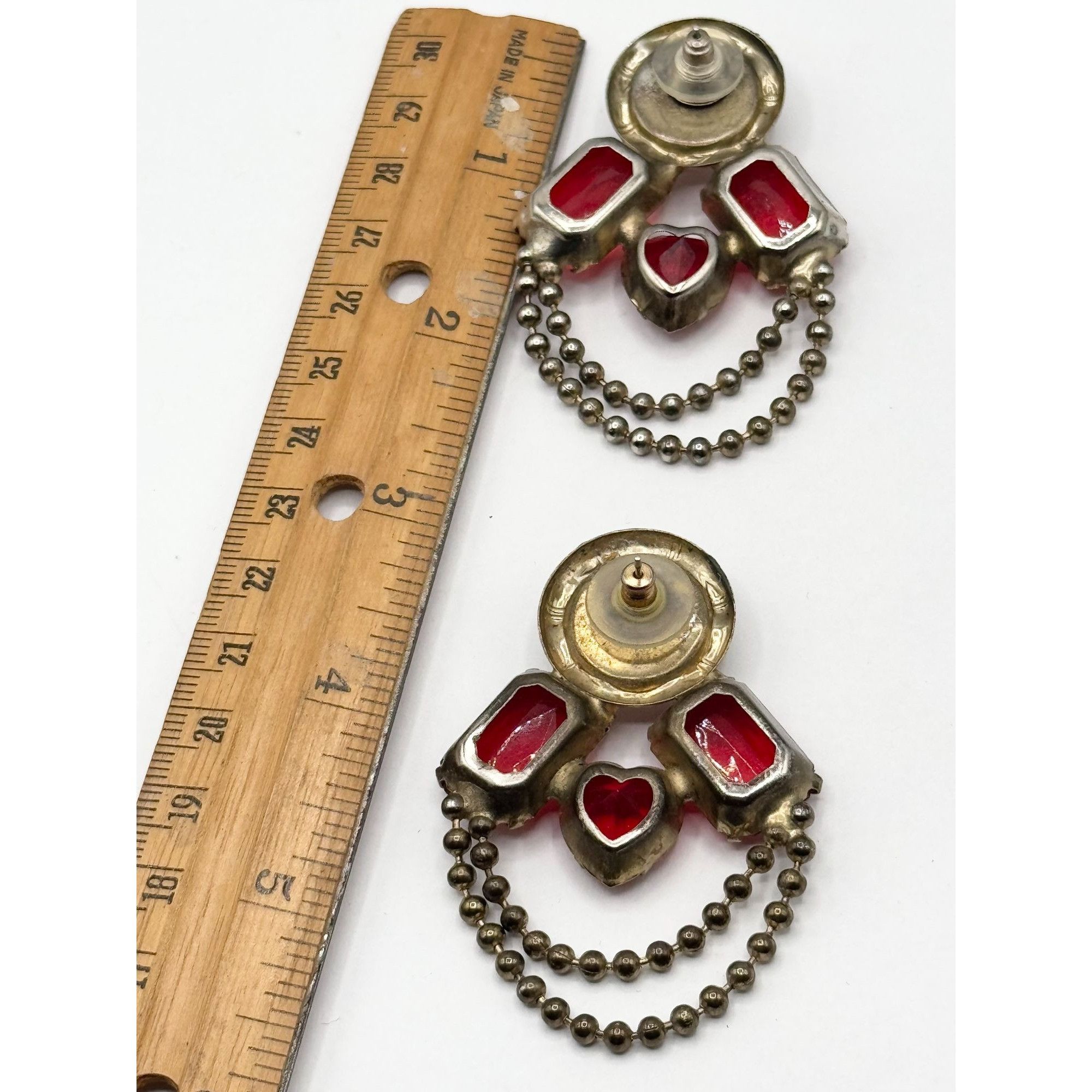 Vintage Vintage red rhinestone heart pearl chain statement earrings Size ONE SIZE - 4 Thumbnail