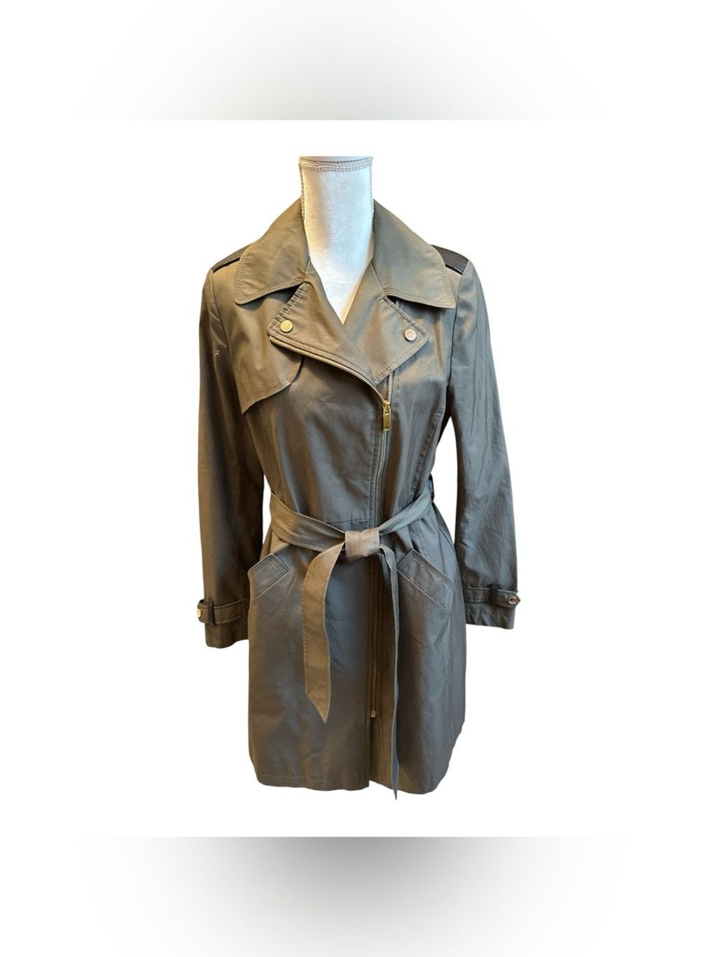 Unknown London Via Spiga Asymmetrical Zip Trench Coat in Olive Green- Mediu Size M / US 6-8 / IT 42-44 - 1 Thumbnail