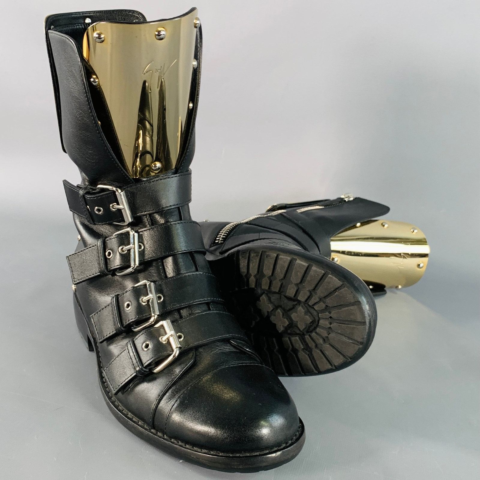 Giuseppe Zanotti 7 Black Gold Leather Metal Buckles Lace-Up Zipper Boots Size US 7 / EU 40 - 5 Thumbnail