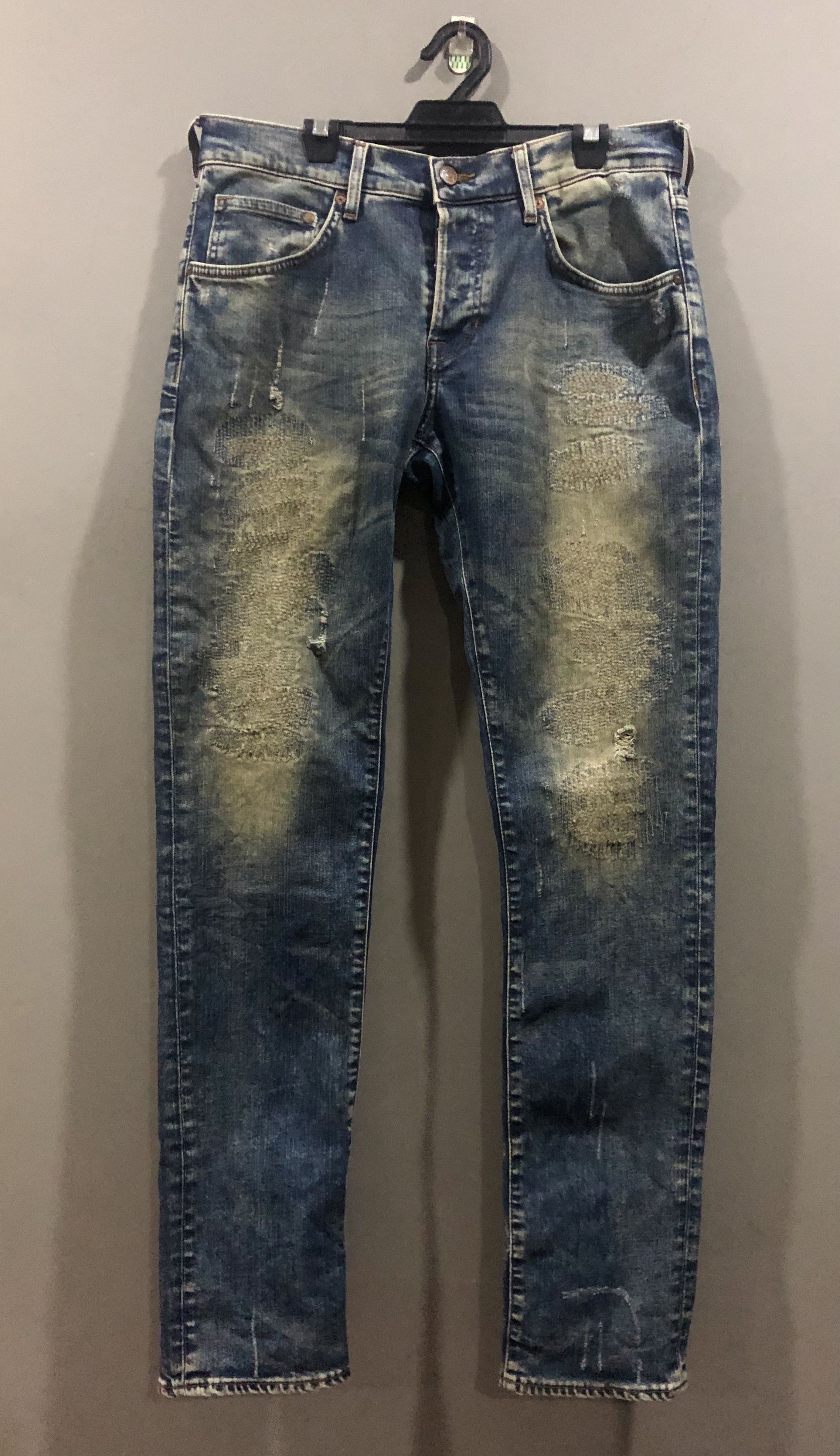 image of h&m Slim Fit Boro Sashiko Distressed Denim Jeans in Blue, Men's (Size 33)