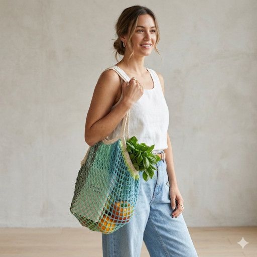 Handmade Handmade Green Farmers Market Bag Crochet French Net Sack Size ONE SIZE - 3 Thumbnail