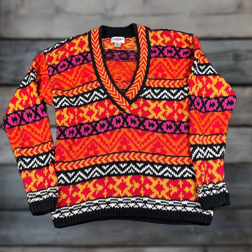 Pinko Vintage Women's Large Orange Pink Geometric Chunky Knit V-Neck Sweater 90s Retro Hipster Fall Winter Size L / US 10 / IT 46 - 1 Thumbnail