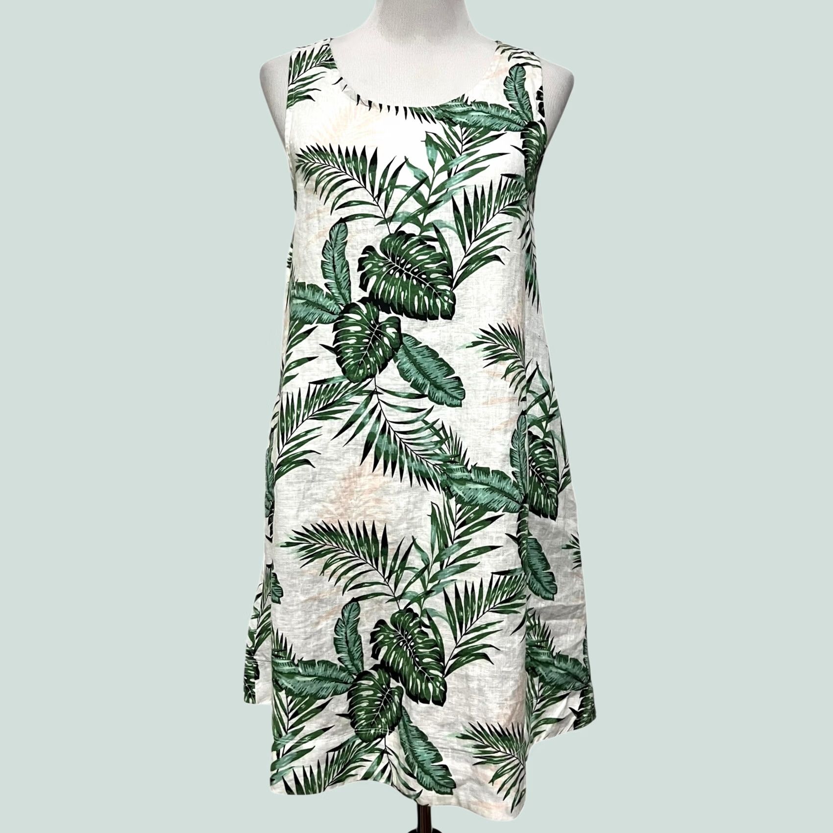 Vintage C&C California 100% Linen Tropical Floral Print Sleeveless Dress S Moon Palm Green Women's Dress Sleeveless Size S Size S / US 4 / IT 40 - 1 Thumbnail