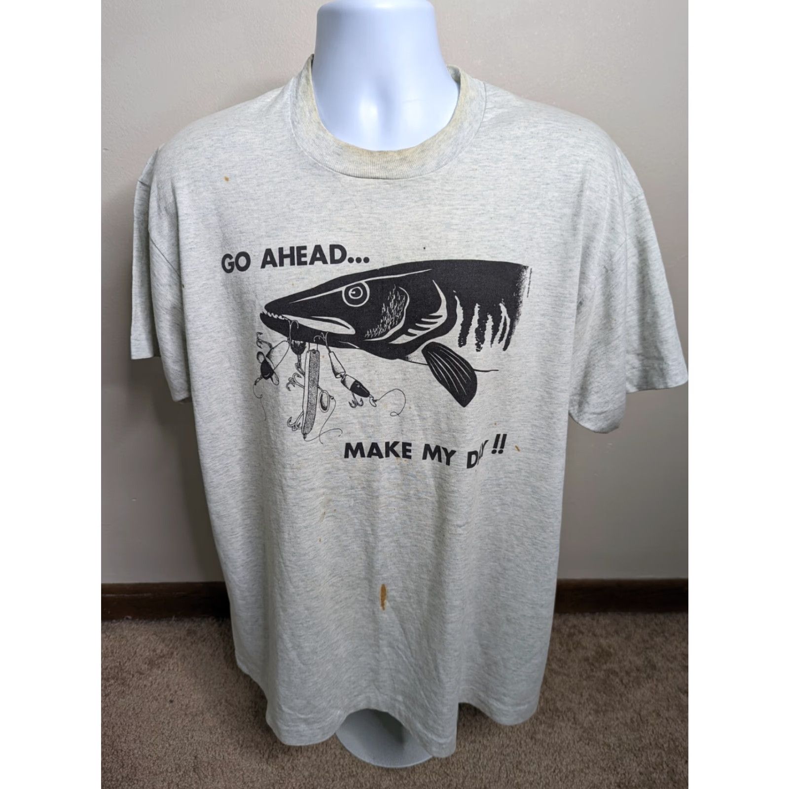 Fruit Of The Loom VINTAGE 90s Go Ahead Make My Day Fishing T-Shirt XL USA Made Single Stitch T7S Nike? Size US XL / EU 56 / 4 - 2 Thumbnail