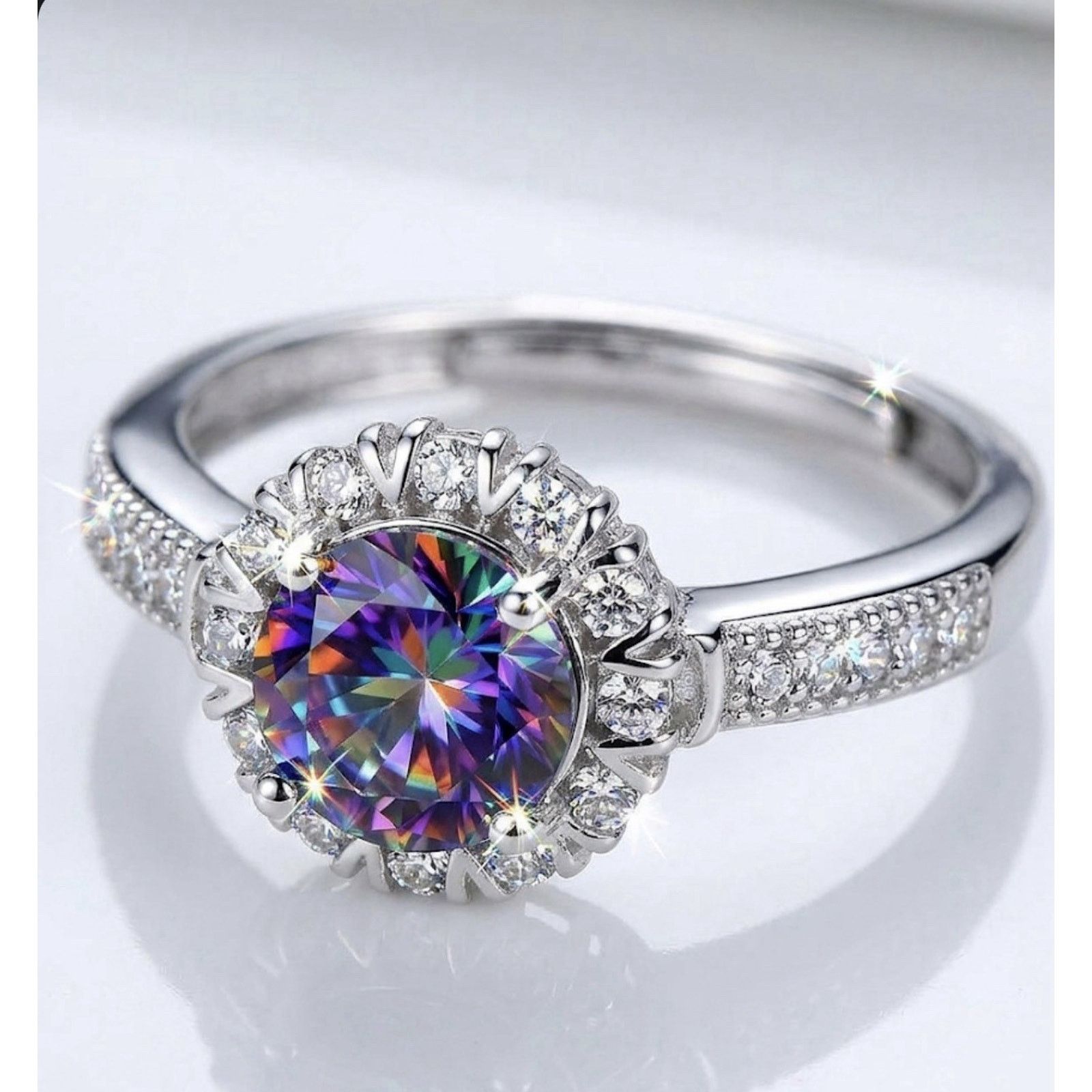 & Other Stories Exquisite 2ct Mystic Moissanite Halo VVS1 Adjustable Ring Size ONE SIZE - 1 Thumbnail
