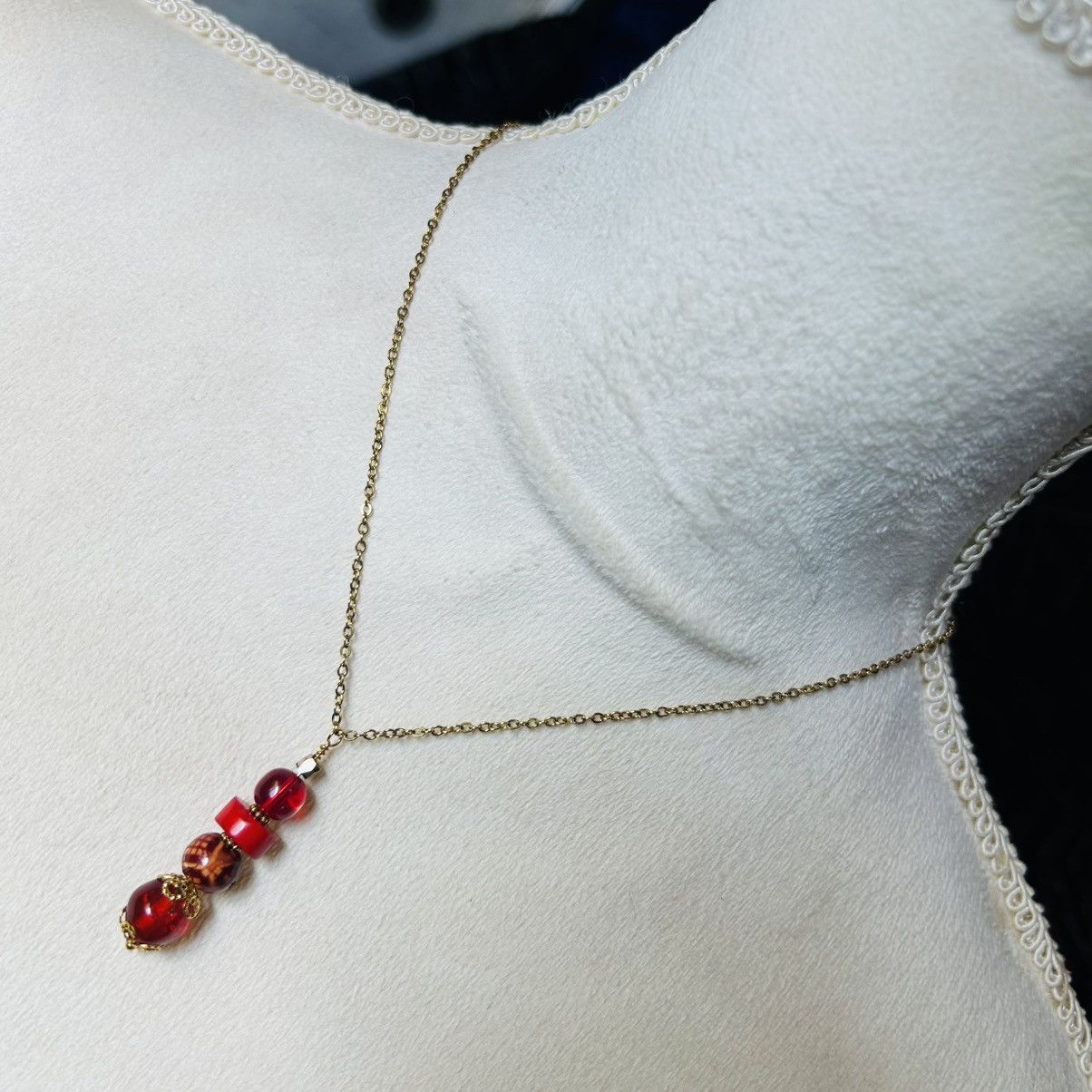 Handmade Handcrafted vintage bead red coral wood glass drop necklace Size ONE SIZE - 1 Thumbnail