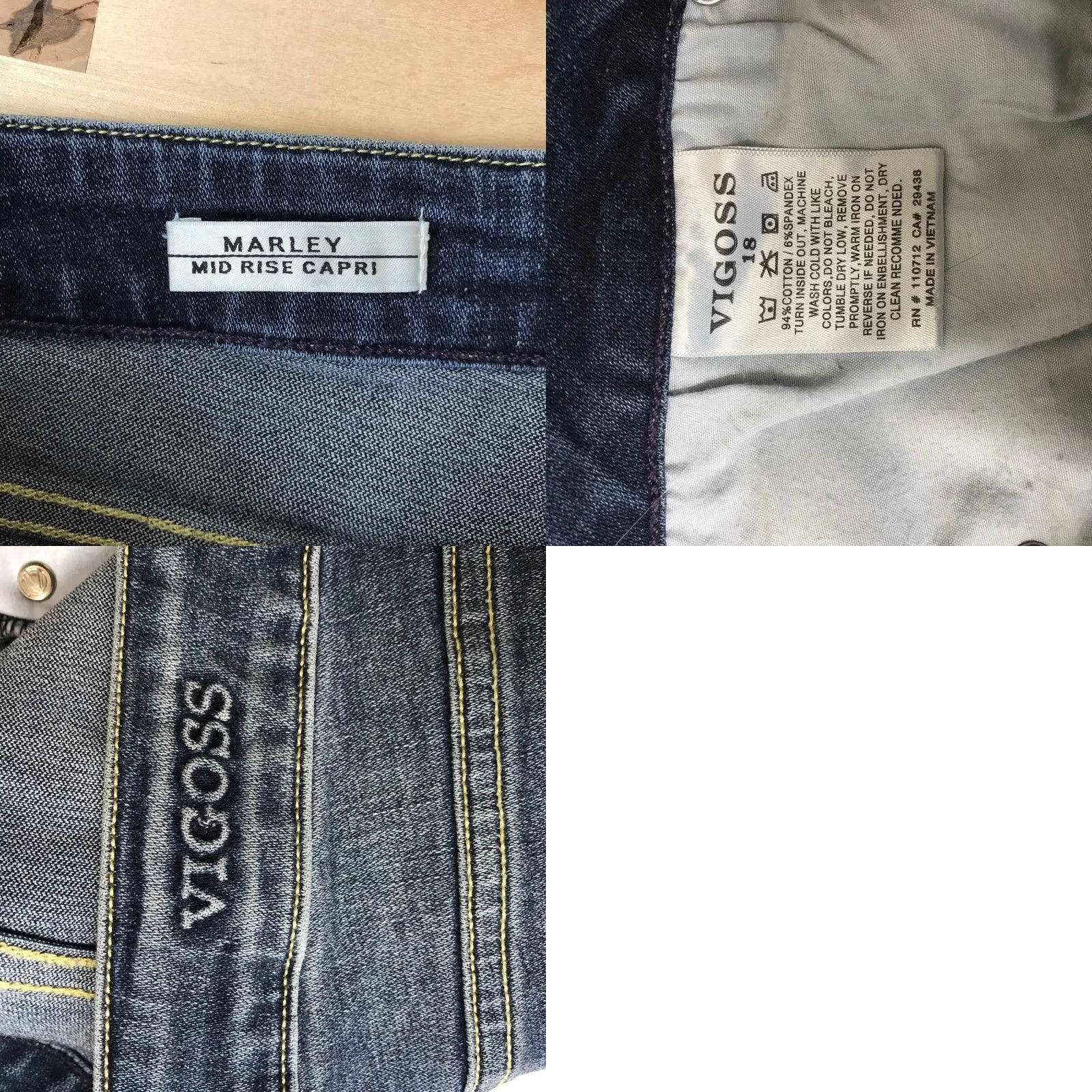 Vintage VIGOSS Marley Mid Rise Capri Jeans Medium Wash Blue Denim Women 18P Capri Jeans, 5-Pocket, Raw Hem, Stretch, Mid Rise, White/Blue? Size 40" / US 18 - 8 Thumbnail