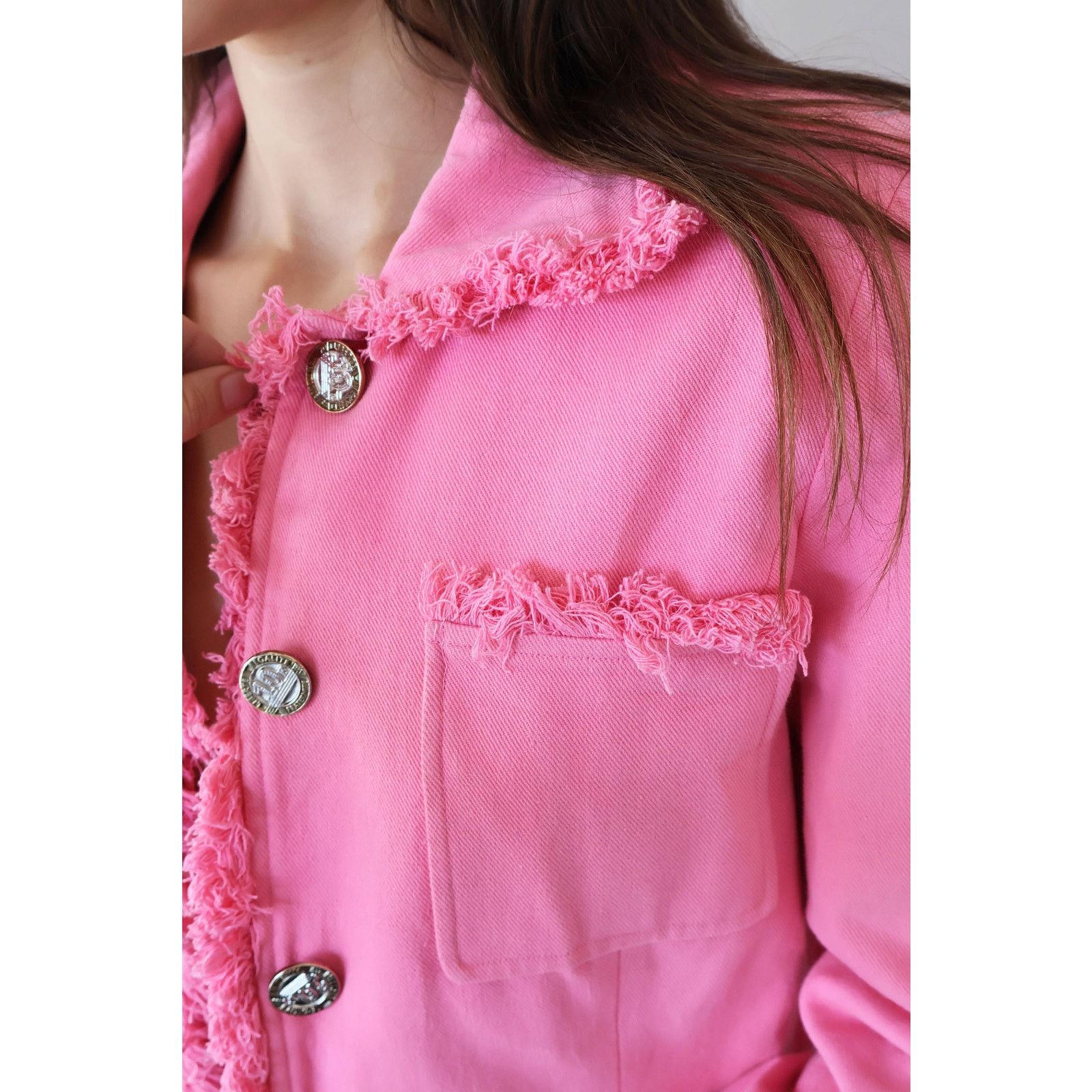 Emanuel Ungaro Vintage EMANUEL UNGARO Hot Pink Denim Jacket Frayed Trim Size M / US 6-8 / IT 42-44 - 3 Thumbnail