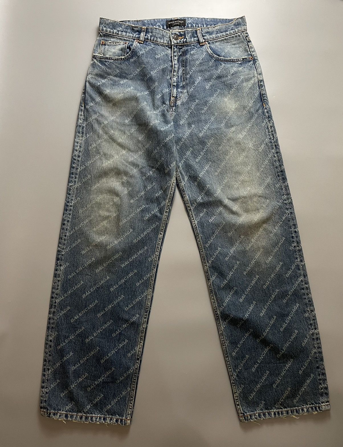 image of Ss22 Balenciaga All Over Logo Baggy Jeans in Denim, Men's (Size 36)