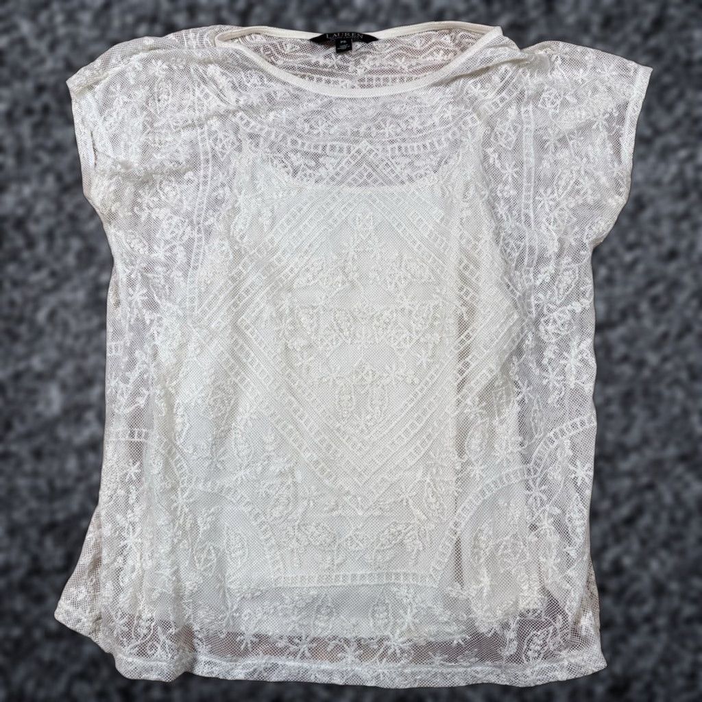 Ralph Lauren Lauren Ralph Lauren Blouse Women L Knit Crochet Lace Overlay Scoop Neck White (Summer) Size L / US 10 / IT 46 - 1 Thumbnail