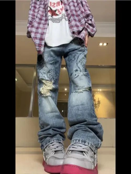 VIBE Street hand-painted graffiti printed ripped jeans Size US 34 / EU 50 - 3 Thumbnail
