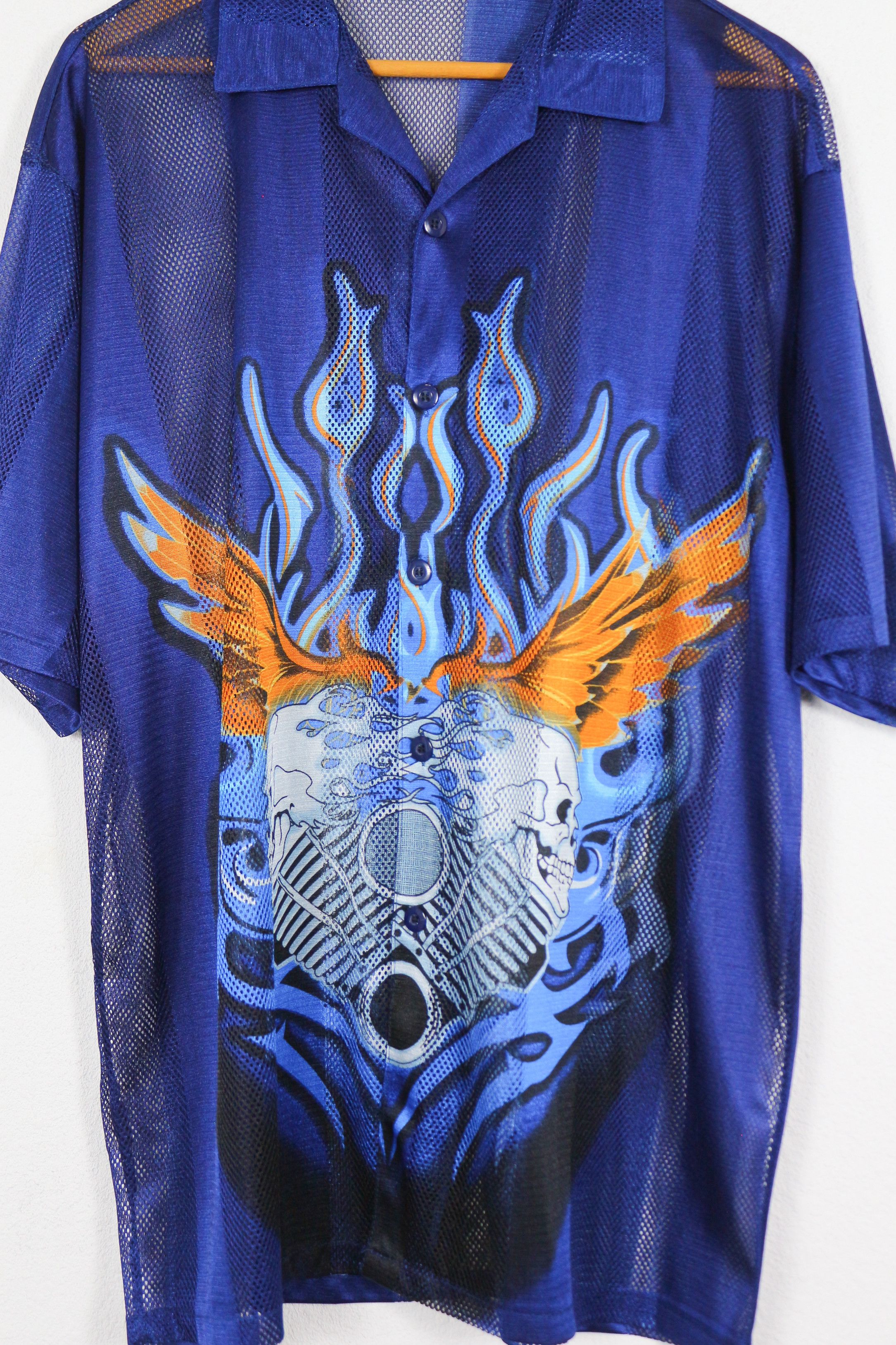 Japanese Brand × Vintage Y2K Vintage Japan Style Flare Skulls Mesh Shirt 90s Size US XL / EU 56 / 4 - 2 Thumbnail