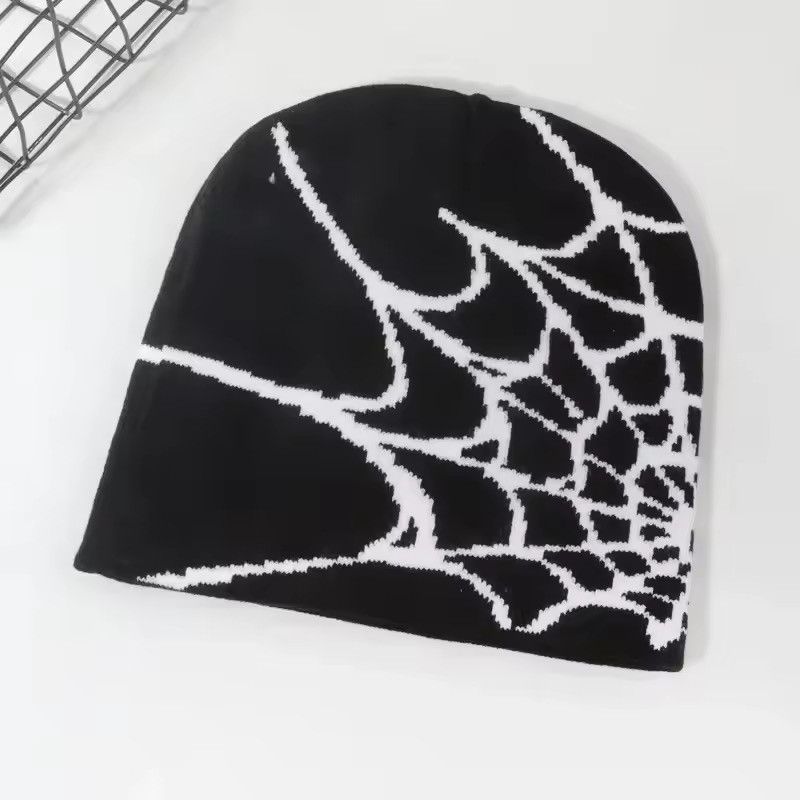Japanese Brand Spider Web Knit Beanie Hat - Black/whiteCyber Y2K Streetwear Size ONE SIZE - 3 Thumbnail