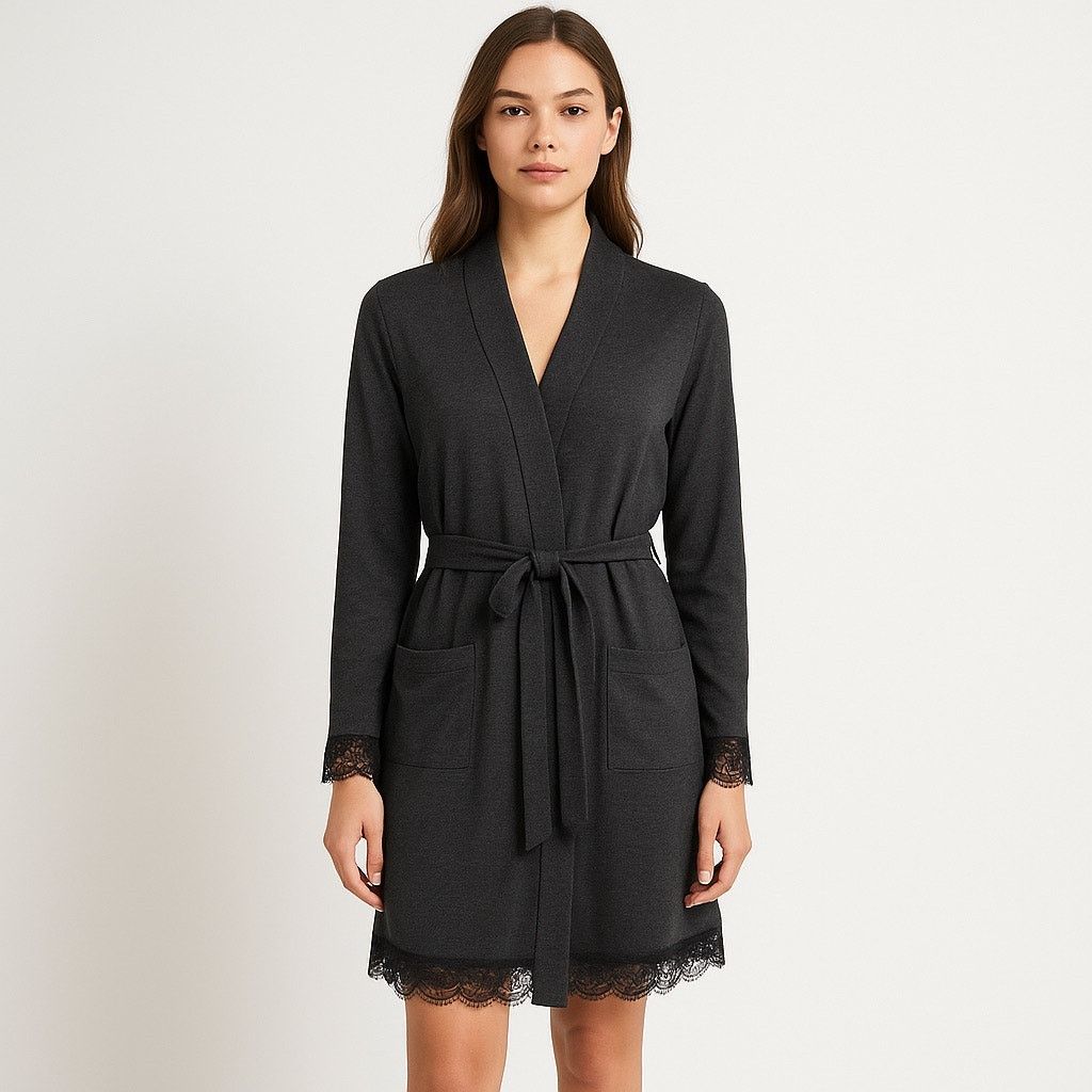 Victoria's Secret Victoria's Secret Wrap Robe M/L Charcoal Gray Lace Trim Size ONE SIZE - 1 Thumbnail