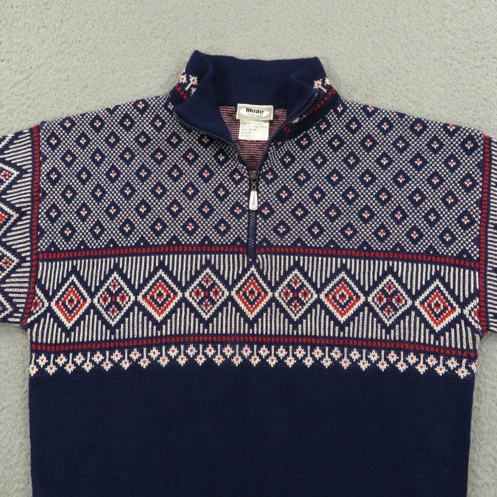 Vintage VINTAGE Meister Sweater Mens Medium 1/4 Zip Fair Isle Wool Birdseye Knit Blue 90s Mock Neck Pullover Size US M / EU 48-50 / 2 - 3 Thumbnail