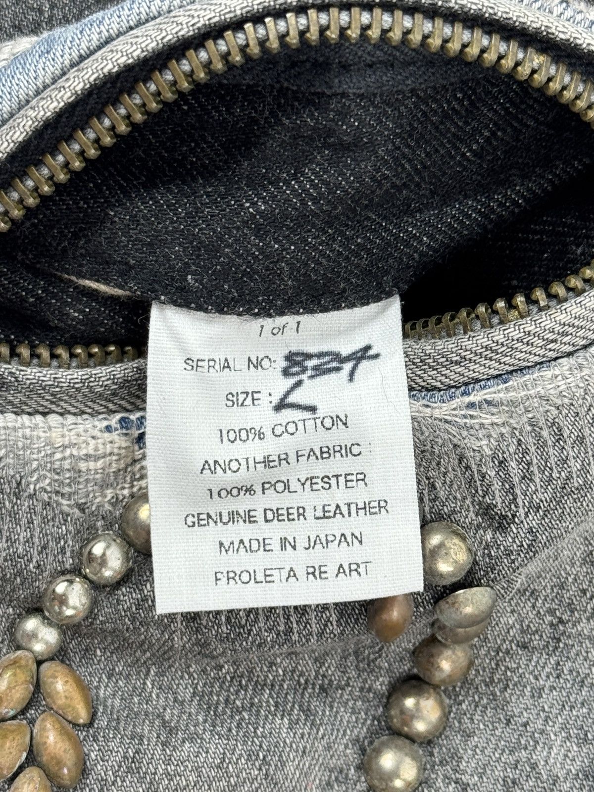 Proleta Re Art EMBELLISHED LEATHER DETAIL HANDMADE 1/1 DENIM JACKET Size US L / EU 52-54 / 3 - 11 Thumbnail