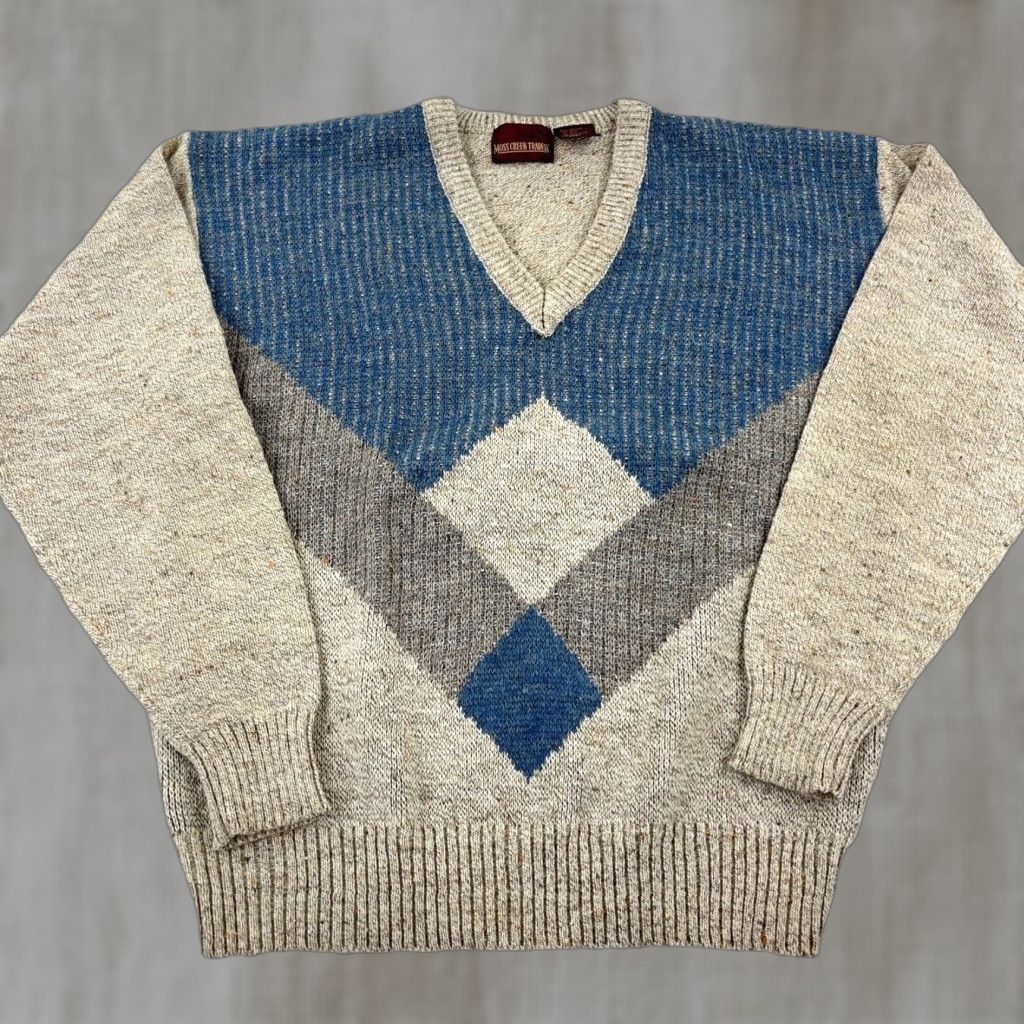 Vintage VINTAGE Moss Creekl Trader Sweater Men XL Tan Blue Wool Blend Knit V Neck 90s Diamond Geometric Chunky-Knit Pullover All Seasons Casual Mens Size US XL / EU 56 / 4 - 1 Thumbnail