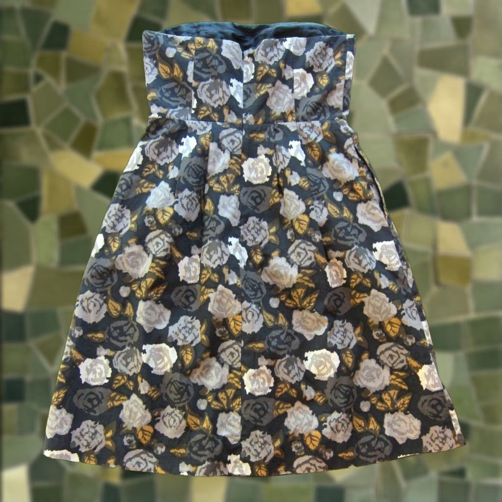 J.Crew J.Crew 100% Cotton Floral Strapless Fit Flare Dress 4 Sleeveless Grey Yellow Ivory Pockets Knee Length Back Zipper Lined Women Size S / US 4 / IT 40 - 1 Thumbnail